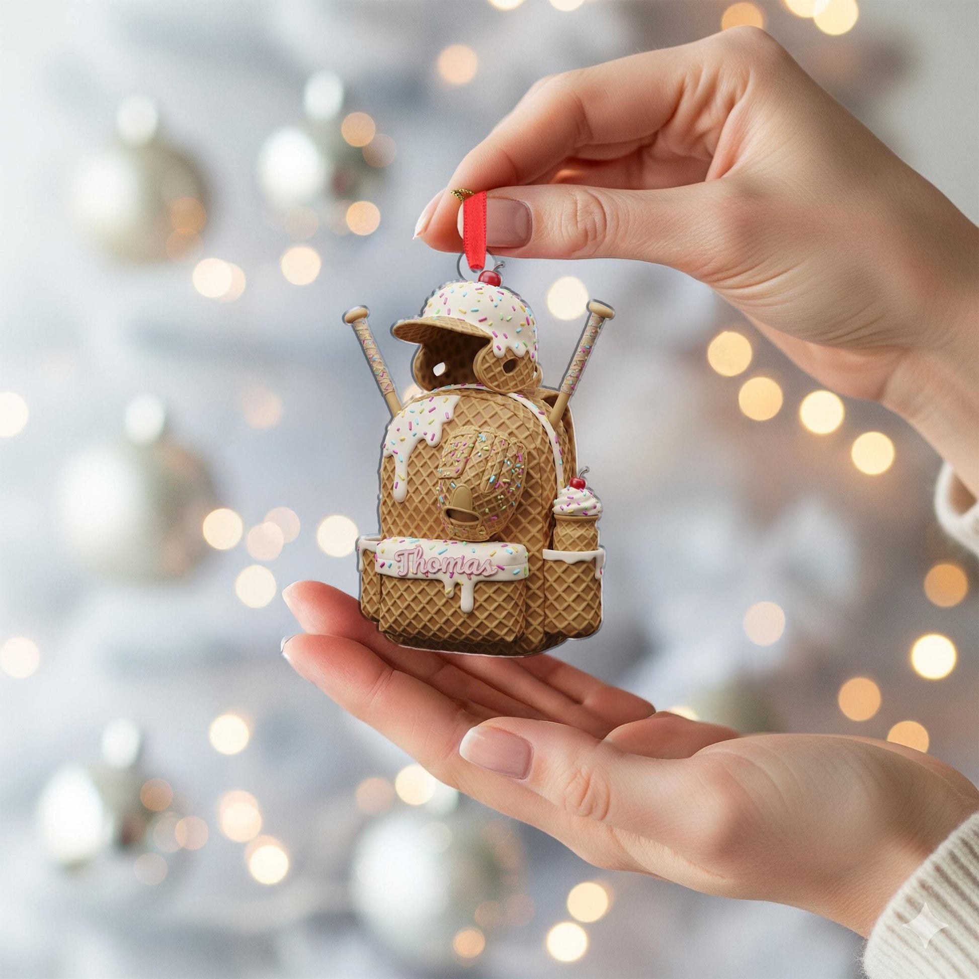 Personalized Baseball Ornament: Ice Cream Theme, Waffle Cone Texture, Backpack Shape image 4