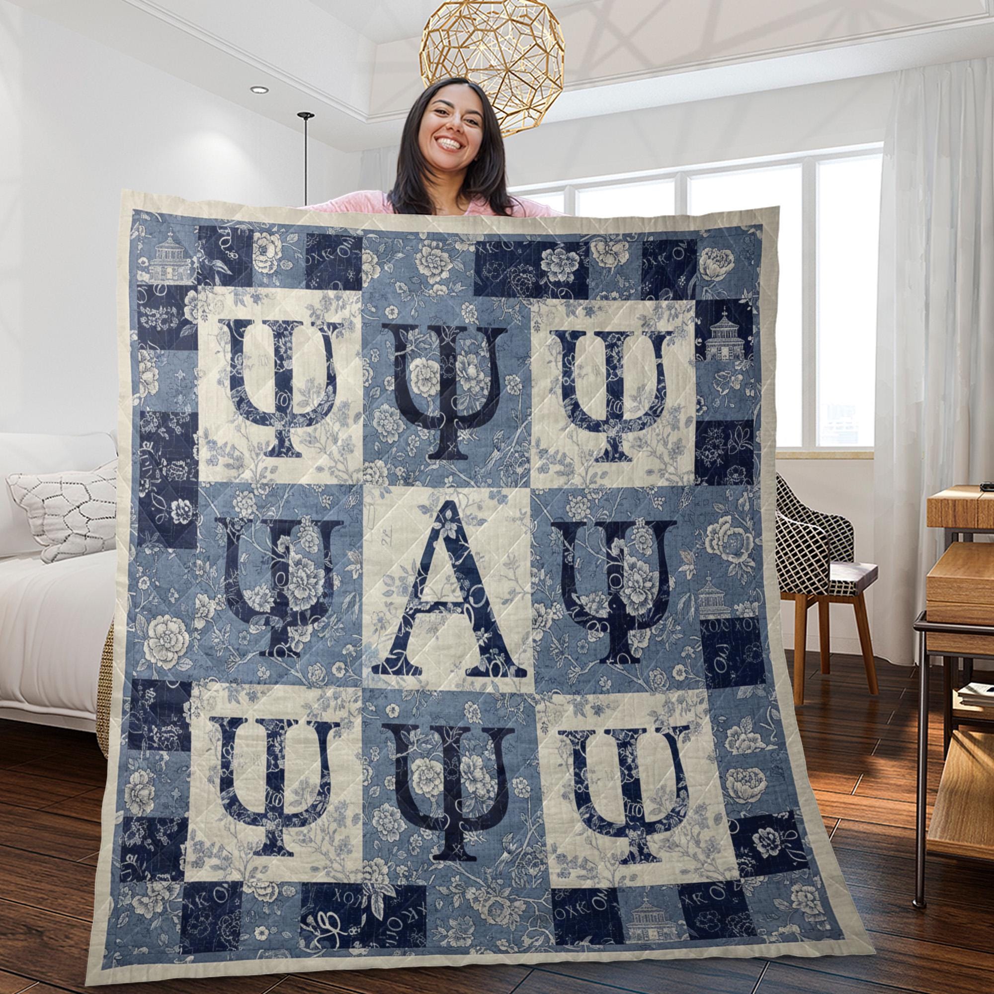 Greek Letter Quilt Blanket: Sorority Patchwork Style, Blue and White Floral, Psi Alpha Design image 2