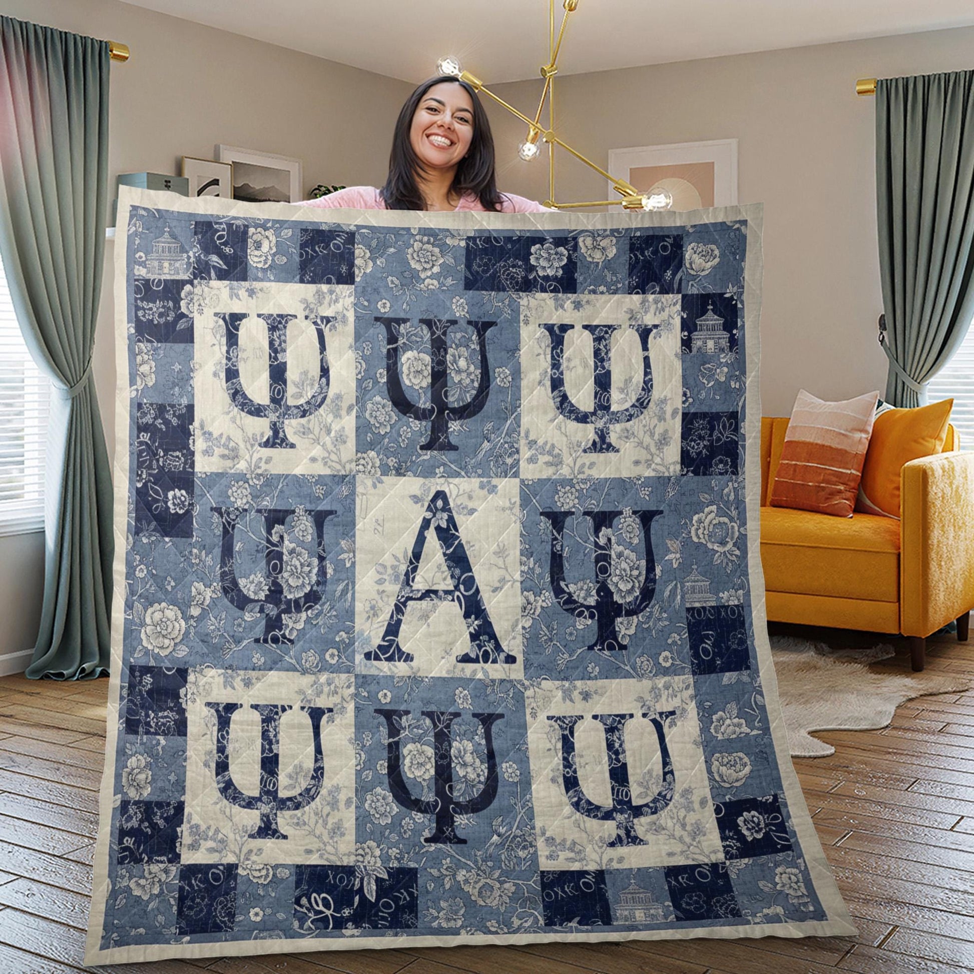 Greek Letter Quilt Blanket: Sorority Patchwork Style, Blue and White Floral, Psi Alpha Design image 1