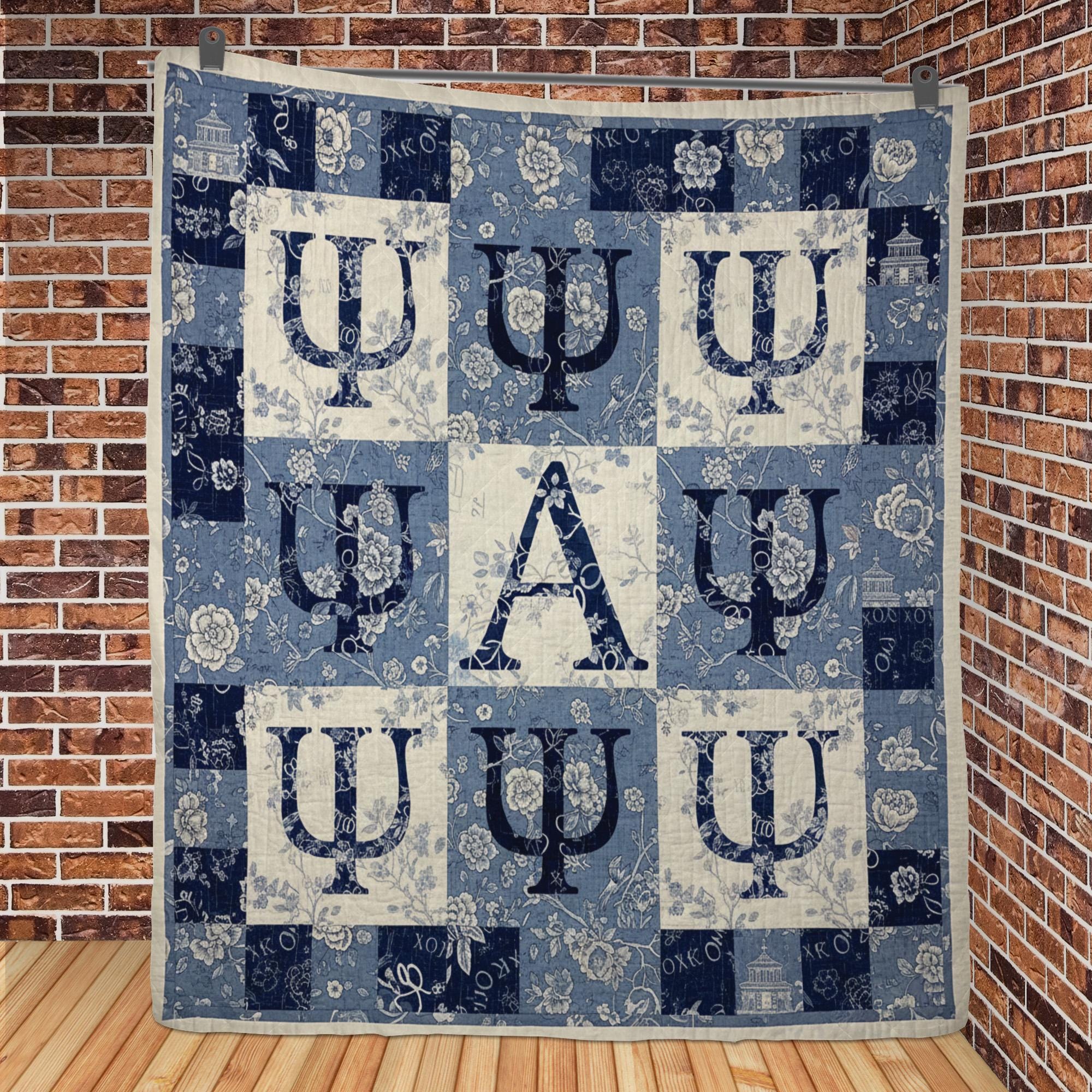 Greek Letter Quilt Blanket: Sorority Patchwork Style, Blue and White Floral, Psi Alpha Design image 4