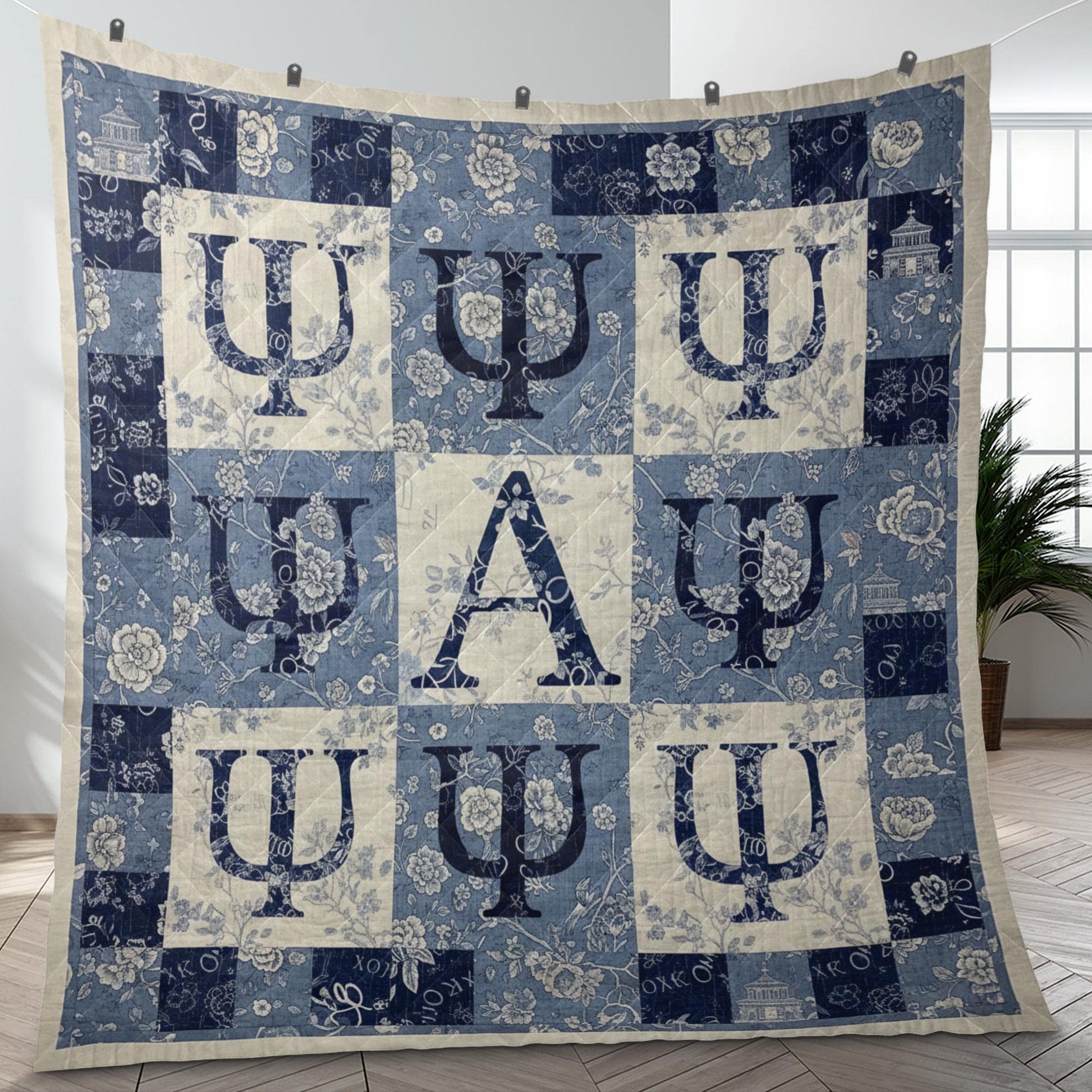 Greek Letter Quilt Blanket: Sorority Patchwork Style, Blue and White Floral, Psi Alpha Design image 7