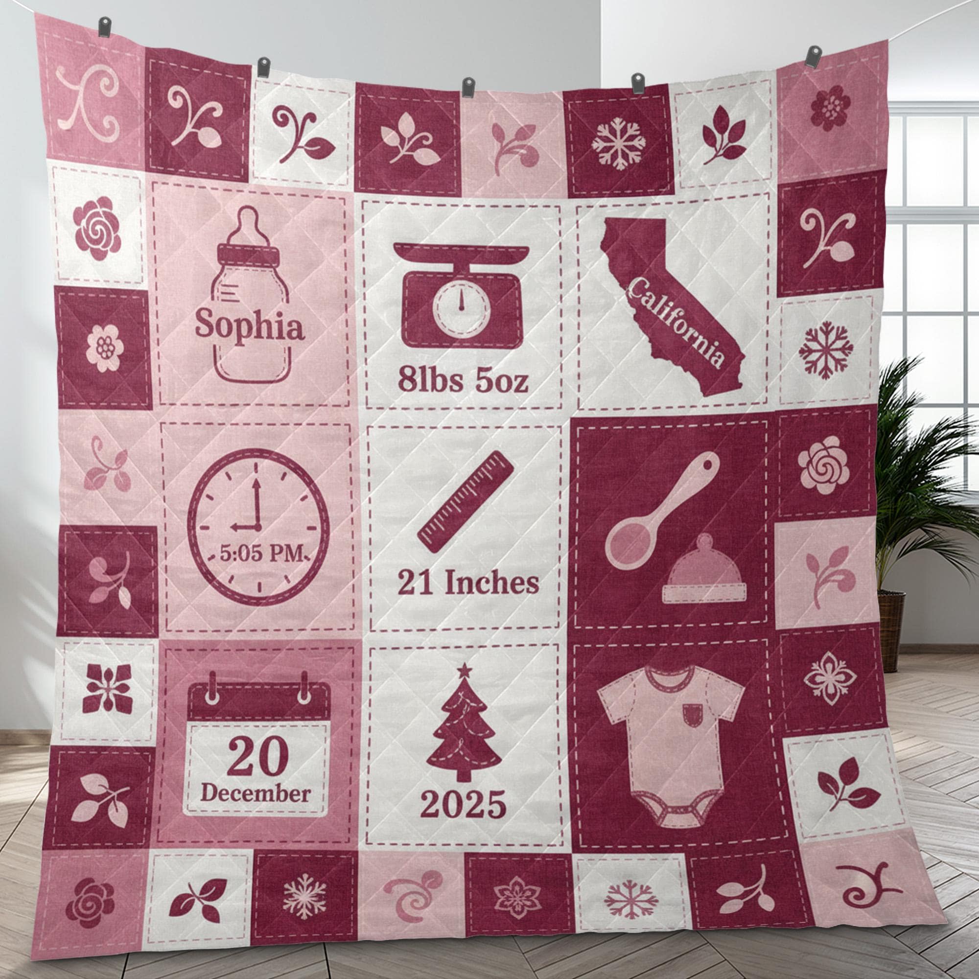 Personalized Baby Quilt Blanket: Birth Stats Announcement, Pink Patchwork Style, Nursery Decor image 1