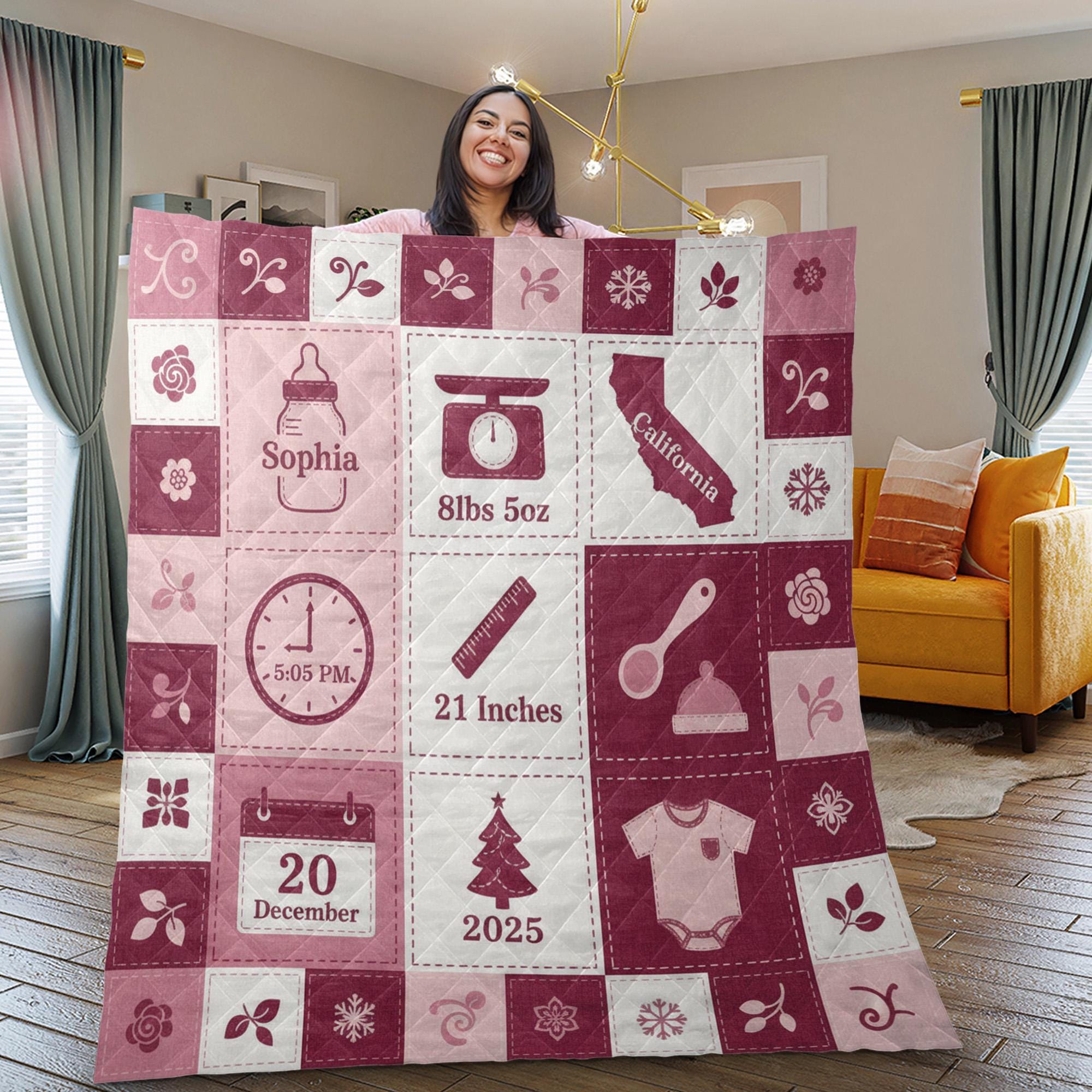 Personalized Baby Quilt Blanket: Birth Stats Announcement, Pink Patchwork Style, Nursery Decor image 2