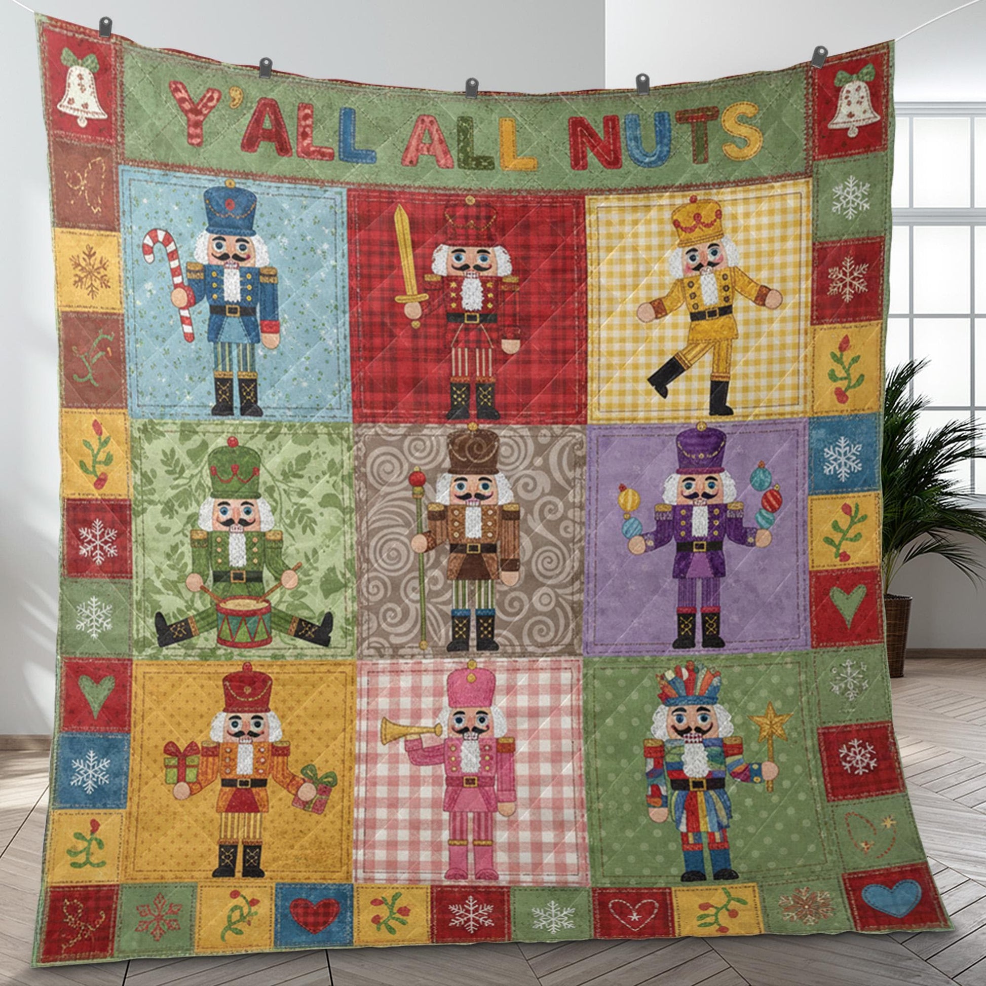 Nutcracker Quilt Blanket: "Y'all All Nuts" Slogan, Christmas Patchwork, Holiday Bedding image 2