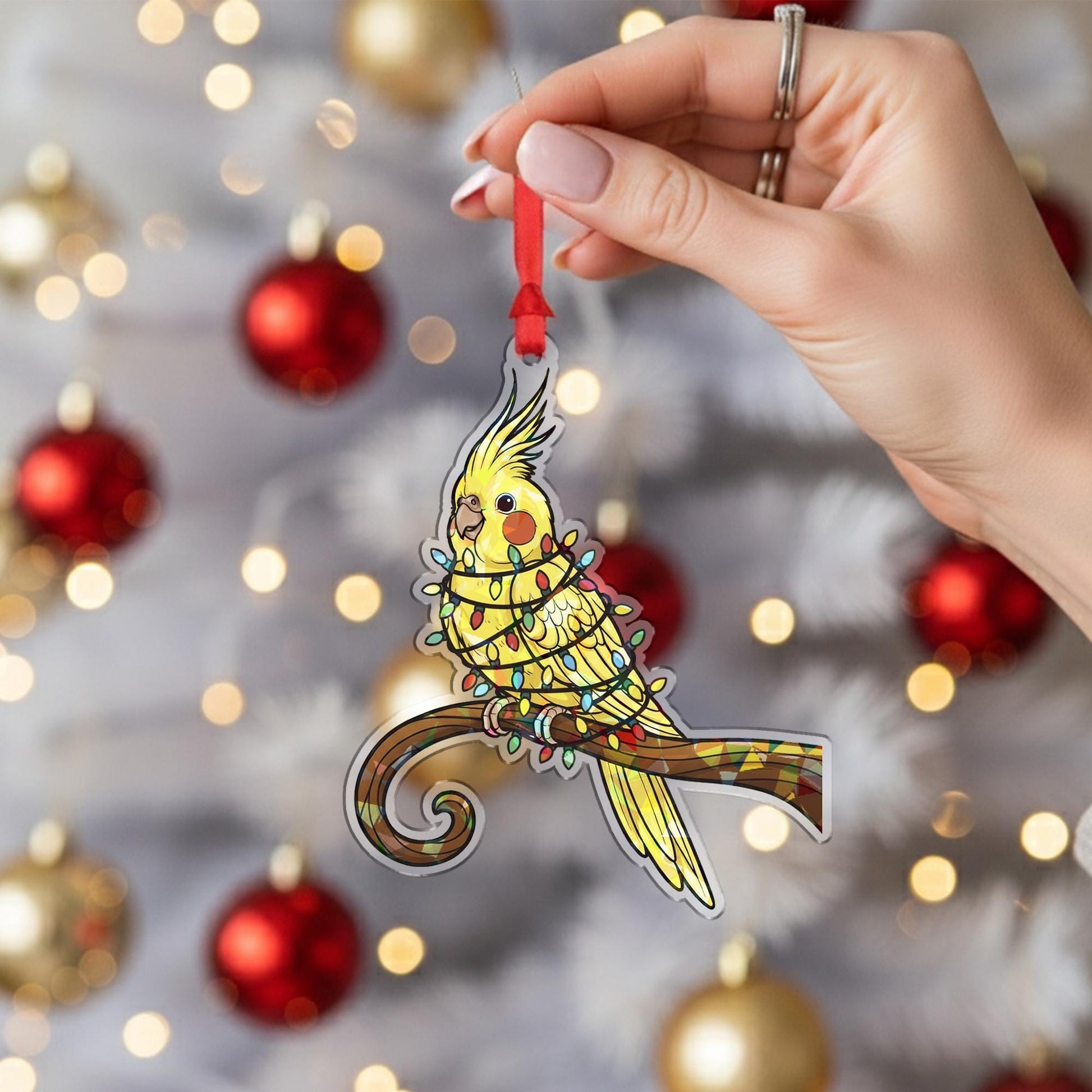 Holographic Cockatiel Ornament: Bird Design Decoration, Acrylic Hanging Holiday Decor image 3