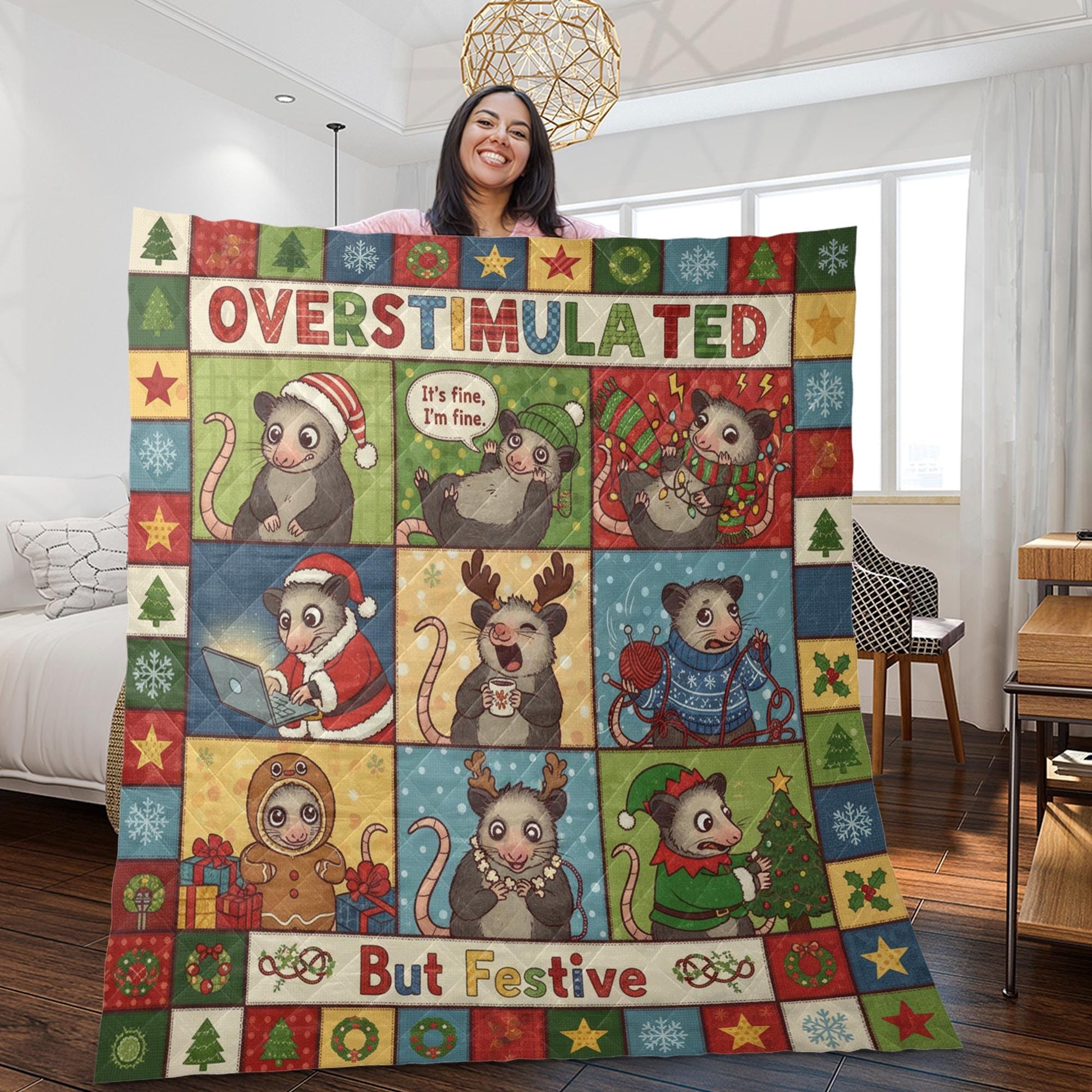 Opossum Quilt Blanket: "Overstimulated But Festive" Slogan, Christmas Theme, Cartoon Patchwork Style image 4