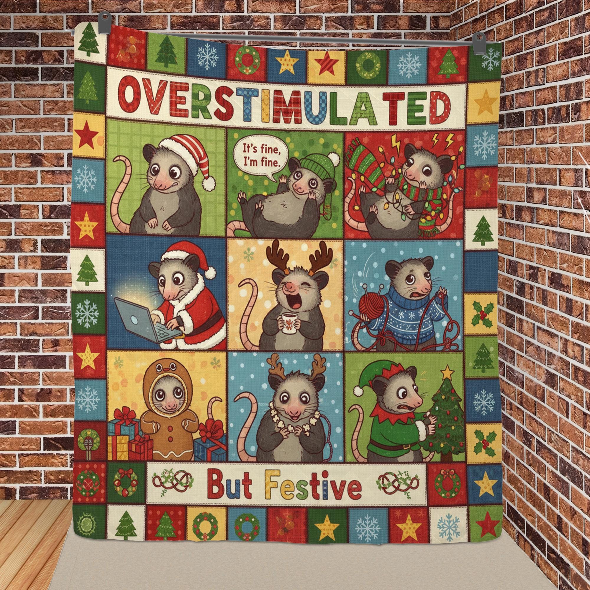 Opossum Quilt Blanket: "Overstimulated But Festive" Slogan, Christmas Theme, Cartoon Patchwork Style image 3