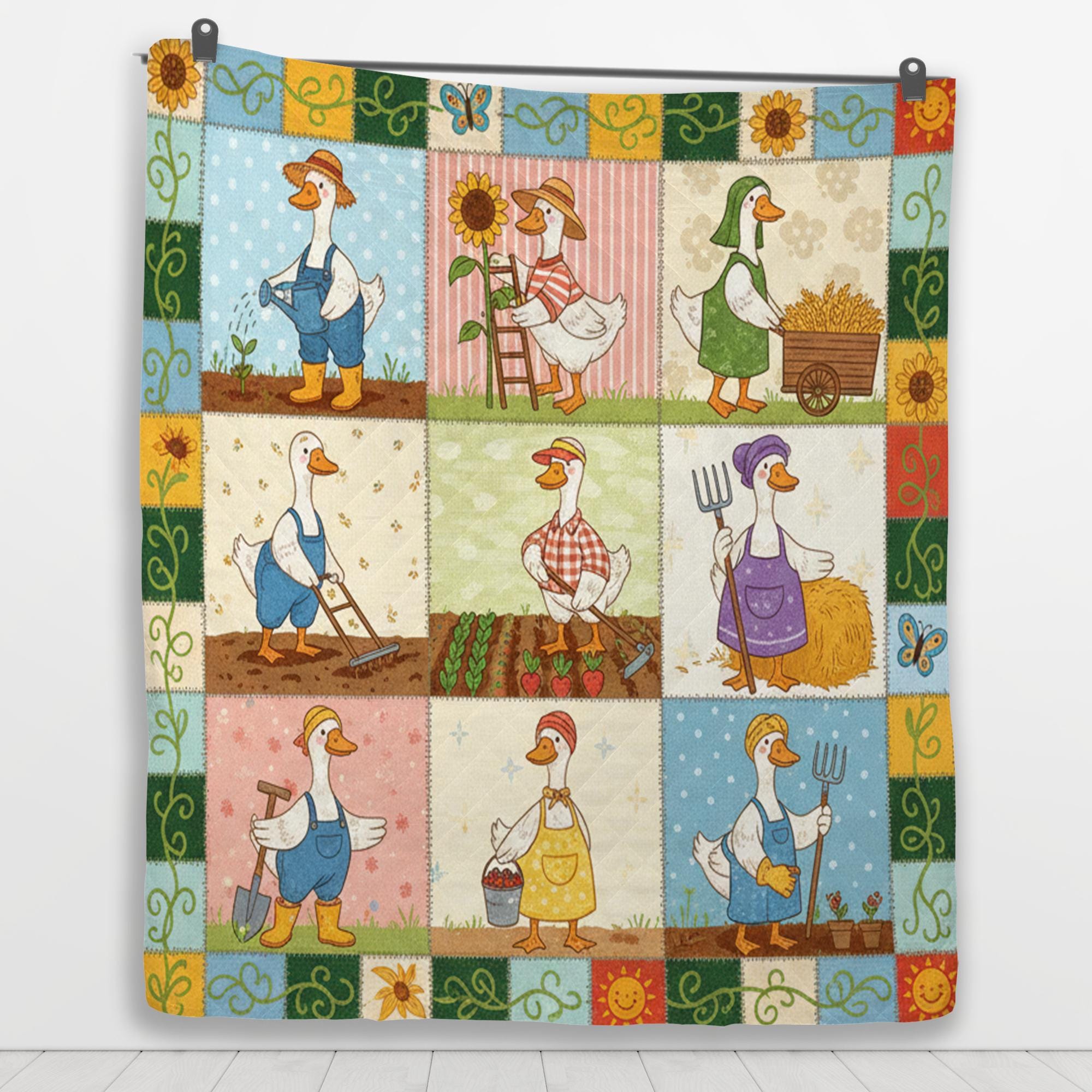 Goose Quilt Blanket: Gardening Theme, Cartoon Farmer Illustrations, Farmhouse Patchwork Style image 5