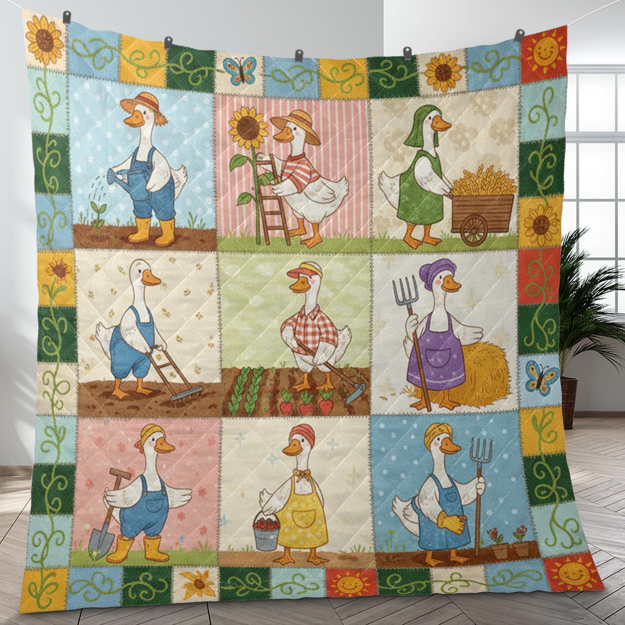 Goose Quilt Blanket: Gardening Theme, Cartoon Farmer Illustrations, Farmhouse Patchwork Style image 6
