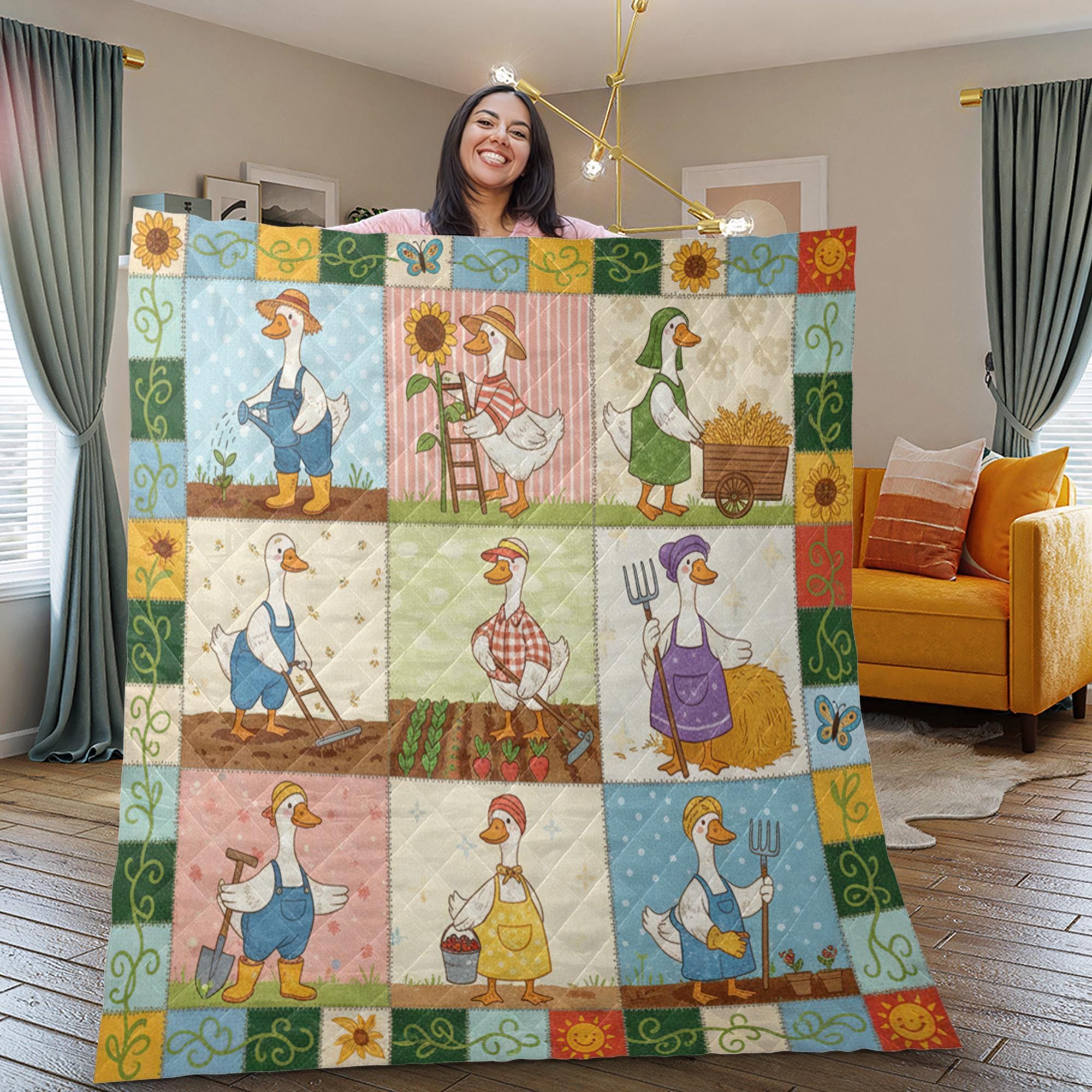 Goose Quilt Blanket: Gardening Theme, Cartoon Farmer Illustrations, Farmhouse Patchwork Style image 2