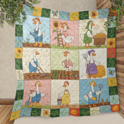 Goose Quilt Blanket: Gardening Theme, Cartoon Farmer Illustrations, Farmhouse Patchwork Style image 1