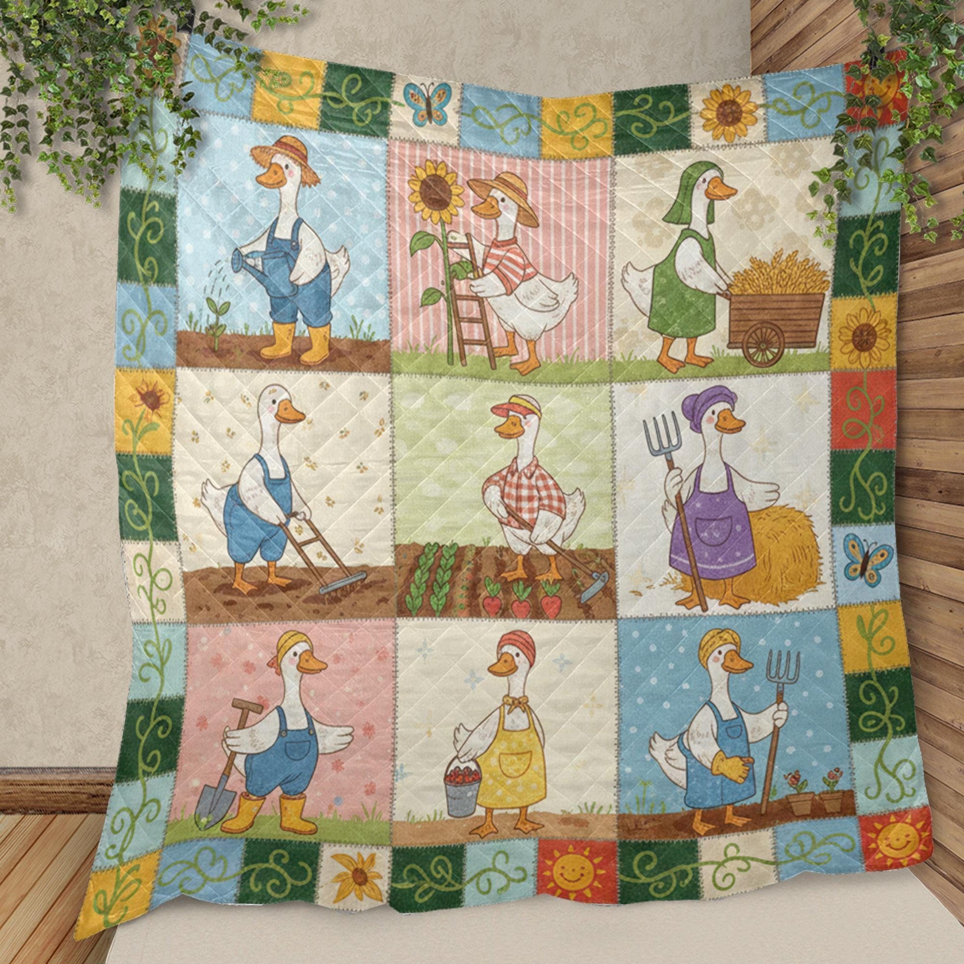 Goose Quilt Blanket: Gardening Theme, Cartoon Farmer Illustrations, Farmhouse Patchwork Style image 1