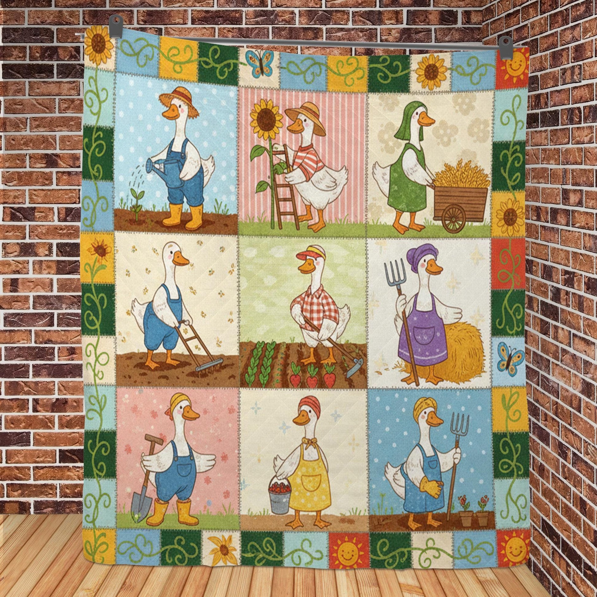 Goose Quilt Blanket: Gardening Theme, Cartoon Farmer Illustrations, Farmhouse Patchwork Style image 4