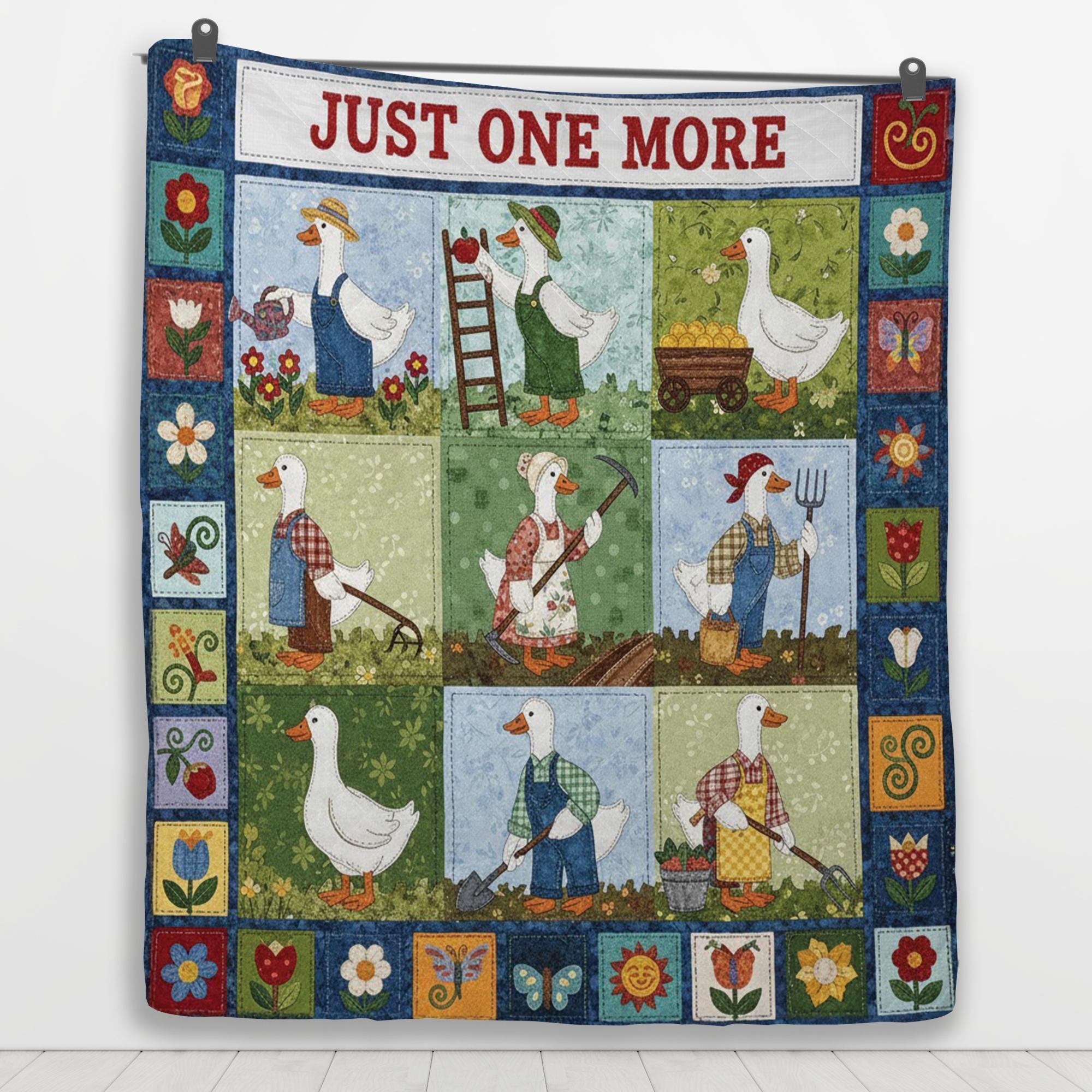 Gardening Quilt Blanket: "Just One More" Slogan, Cartoon Goose, Farmhouse Patchwork Style image 6
