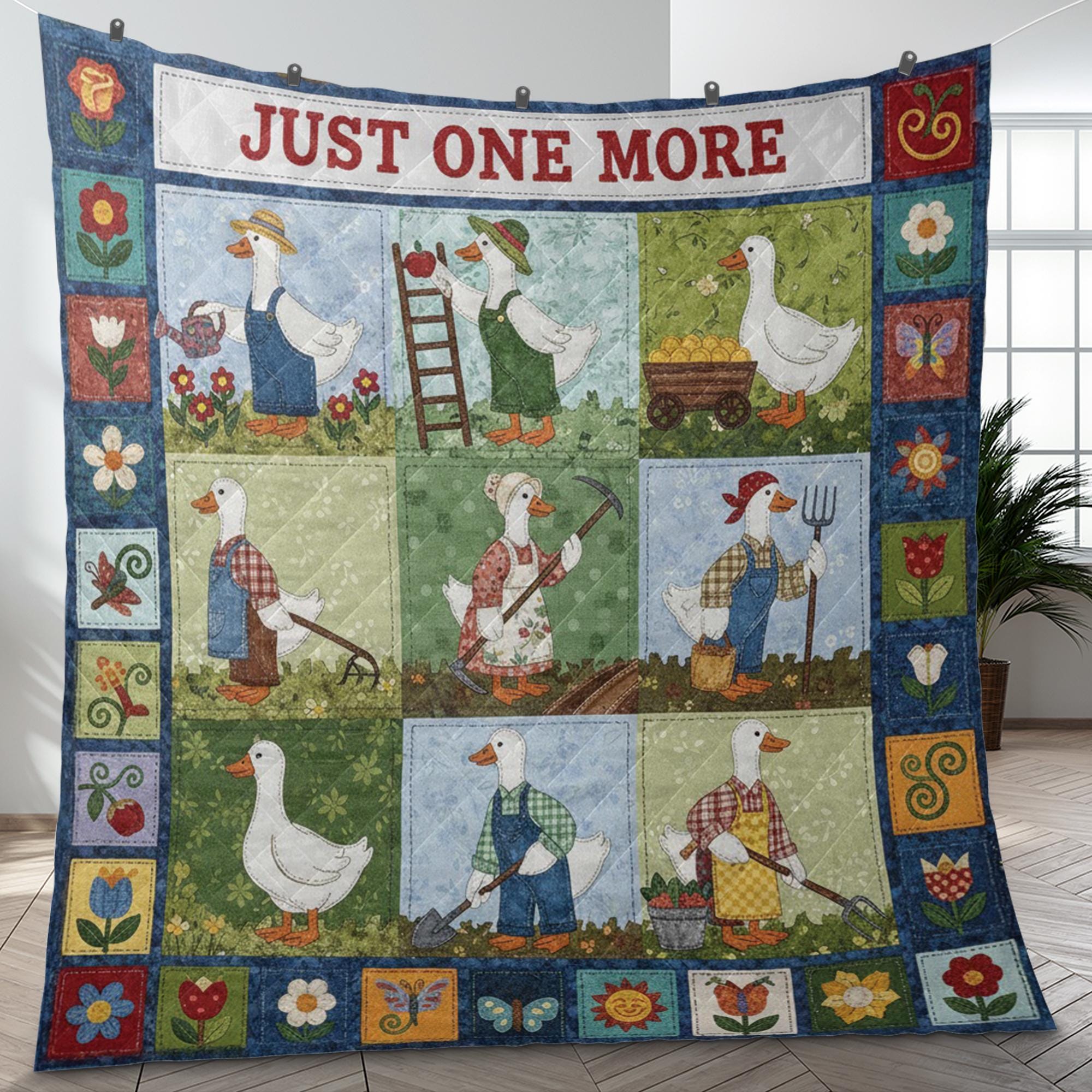 Gardening Quilt Blanket: "Just One More" Slogan, Cartoon Goose, Farmhouse Patchwork Style image 2