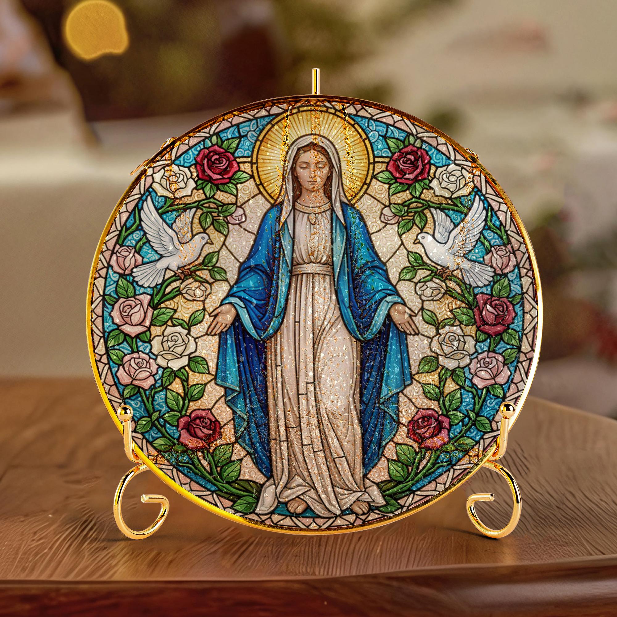 Virgin Mary Glass Suncatcher: Gold Frame Religious Window Art image 2