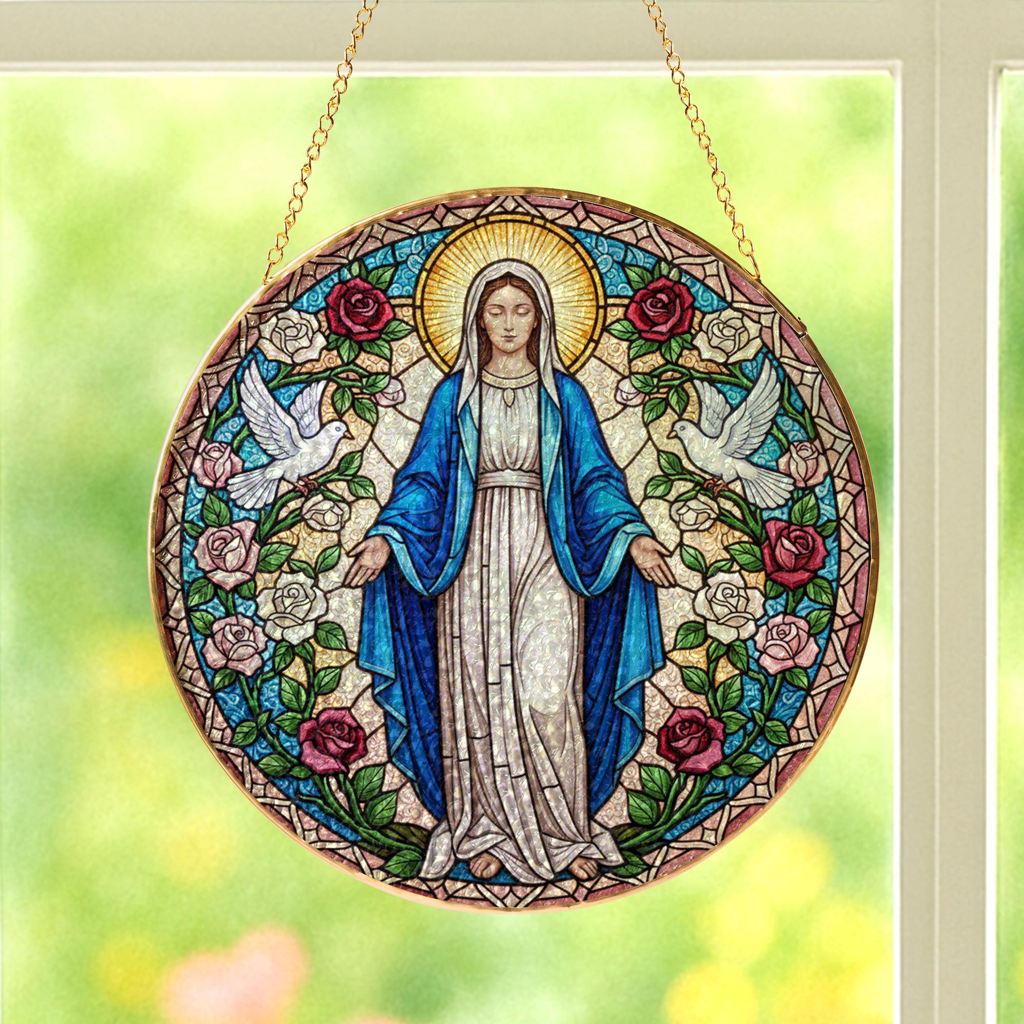 Virgin Mary Glass Suncatcher: Gold Frame Religious Window Art image 1