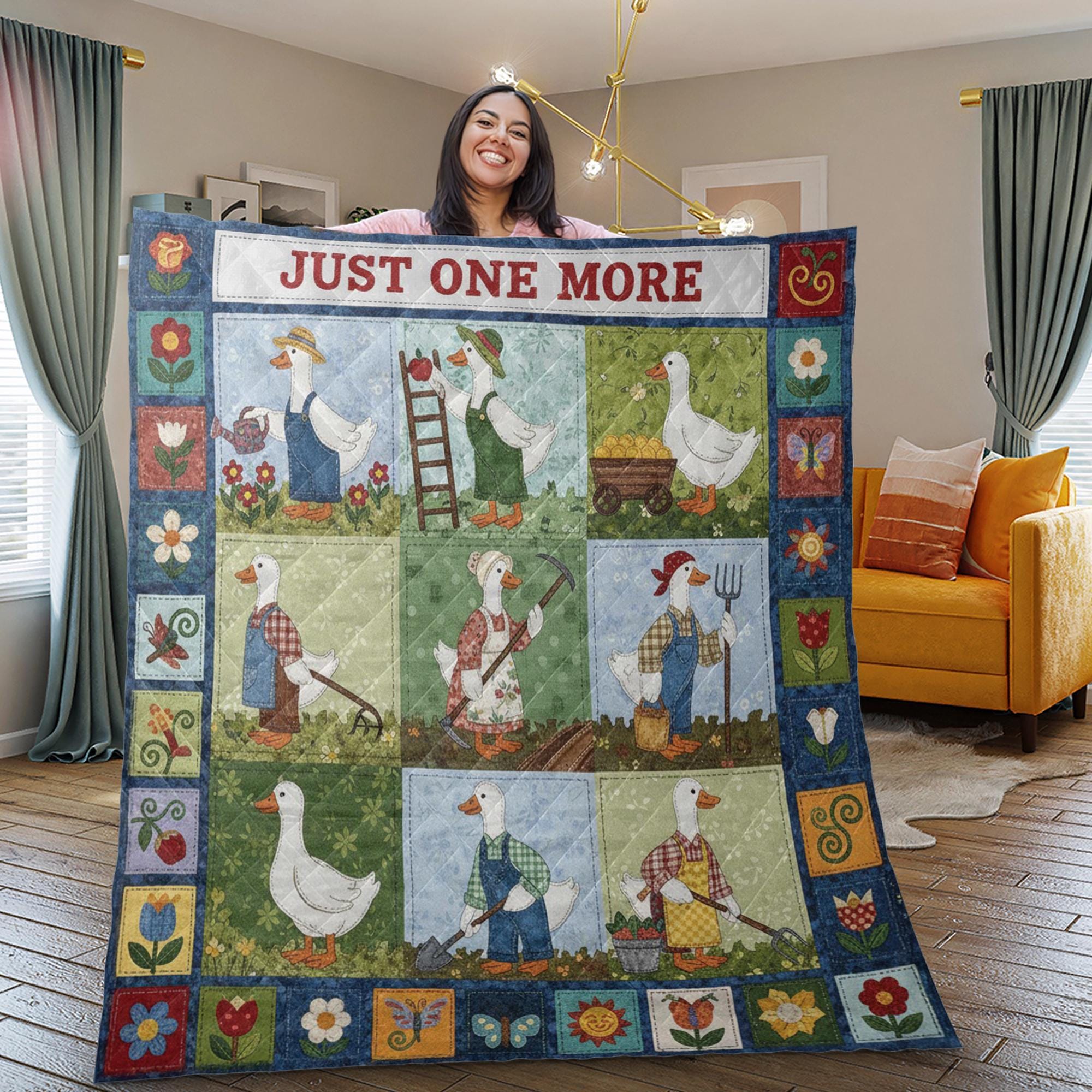 Gardening Quilt Blanket: "Just One More" Slogan, Cartoon Goose, Farmhouse Patchwork Style image 3