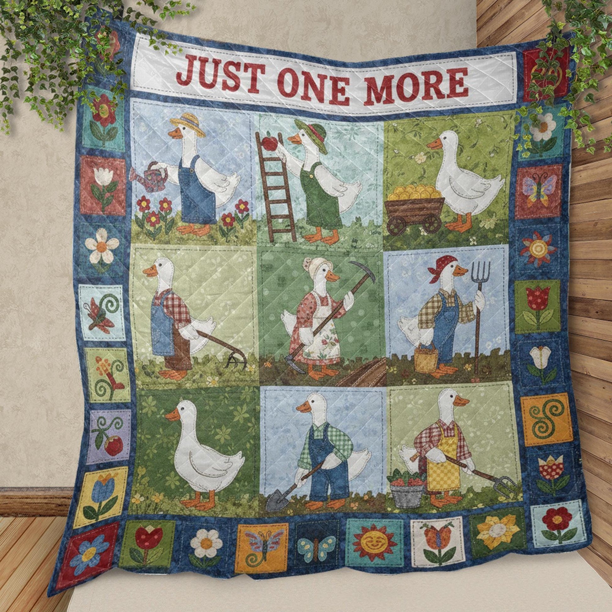 Gardening Quilt Blanket: "Just One More" Slogan, Cartoon Goose, Farmhouse Patchwork Style image 1