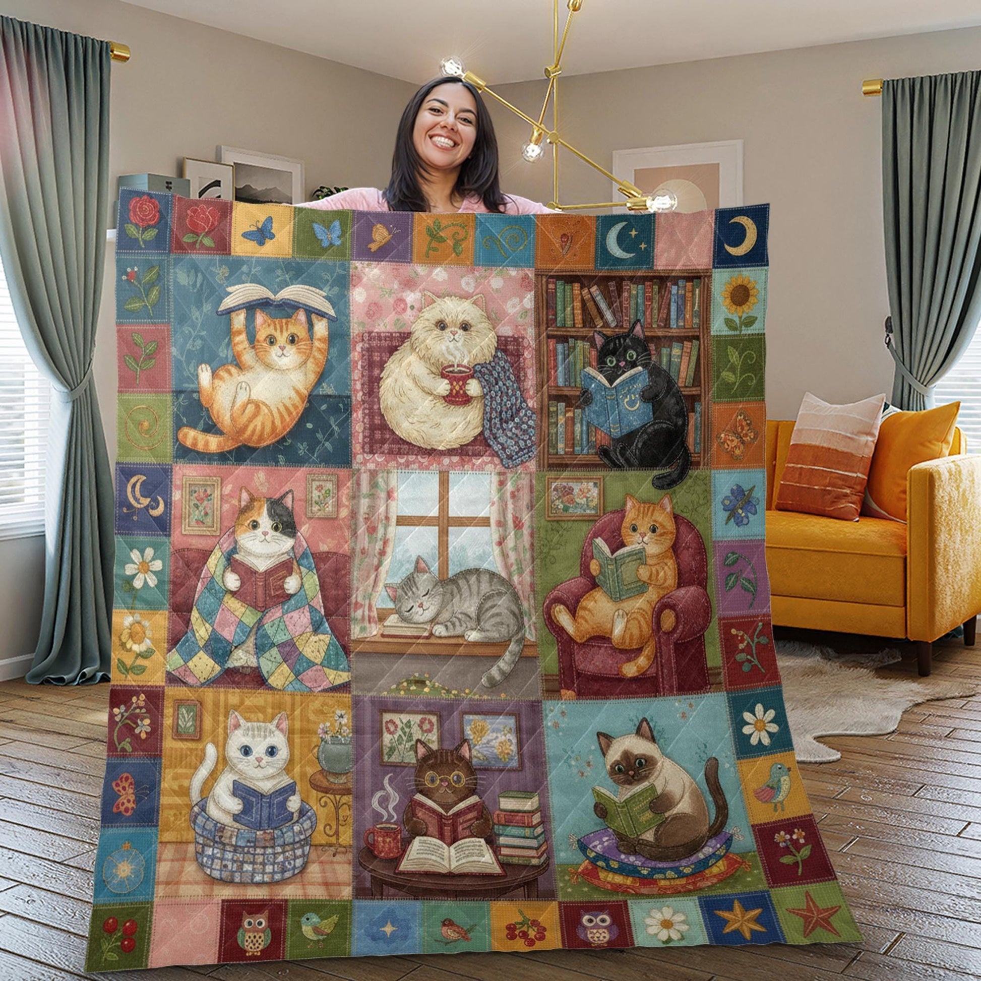 Cat Quilt Blanket: Reading Theme, Book Lover Illustrations, Patchwork Style image 4