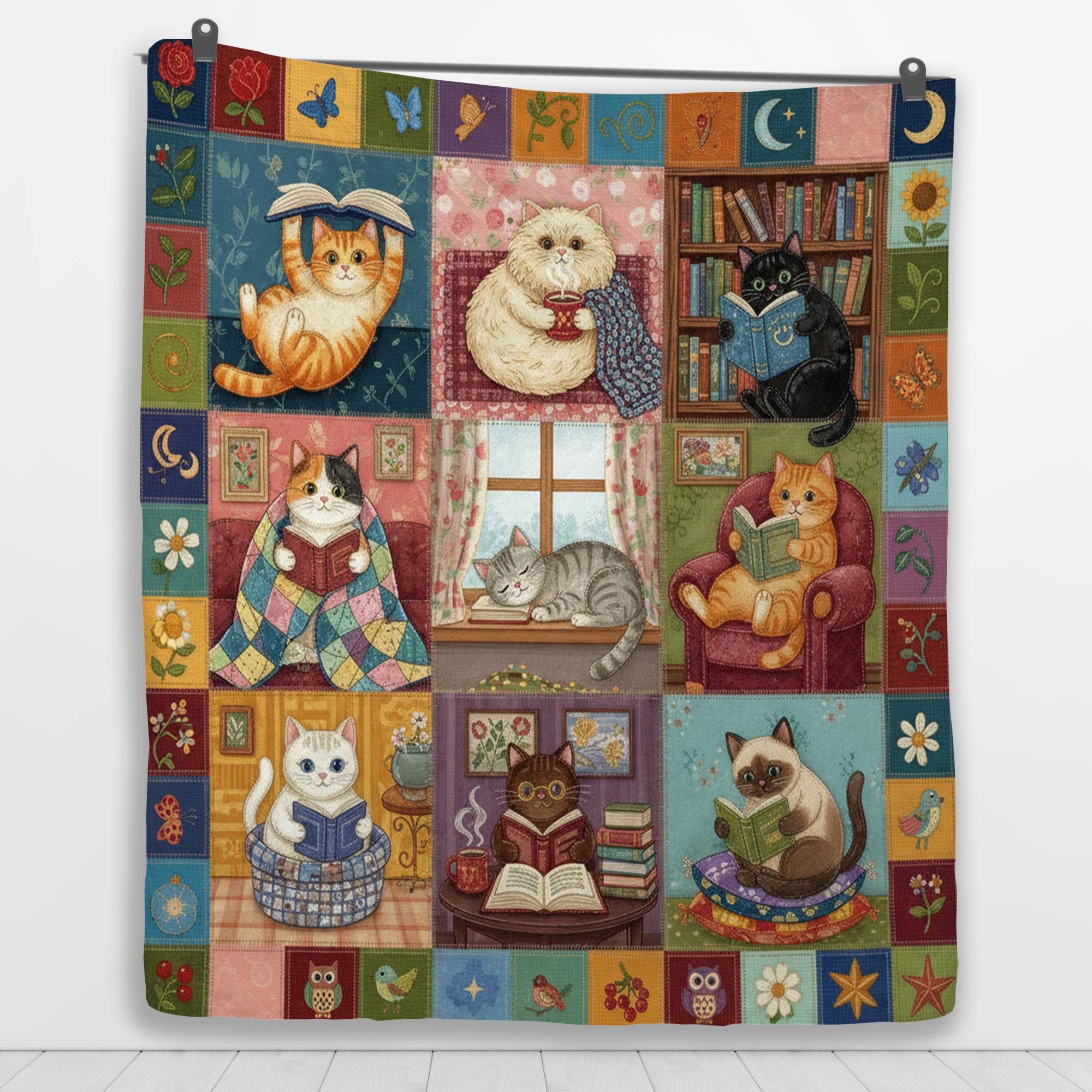 Cat Quilt Blanket: Reading Theme, Book Lover Illustrations, Patchwork Style image 5