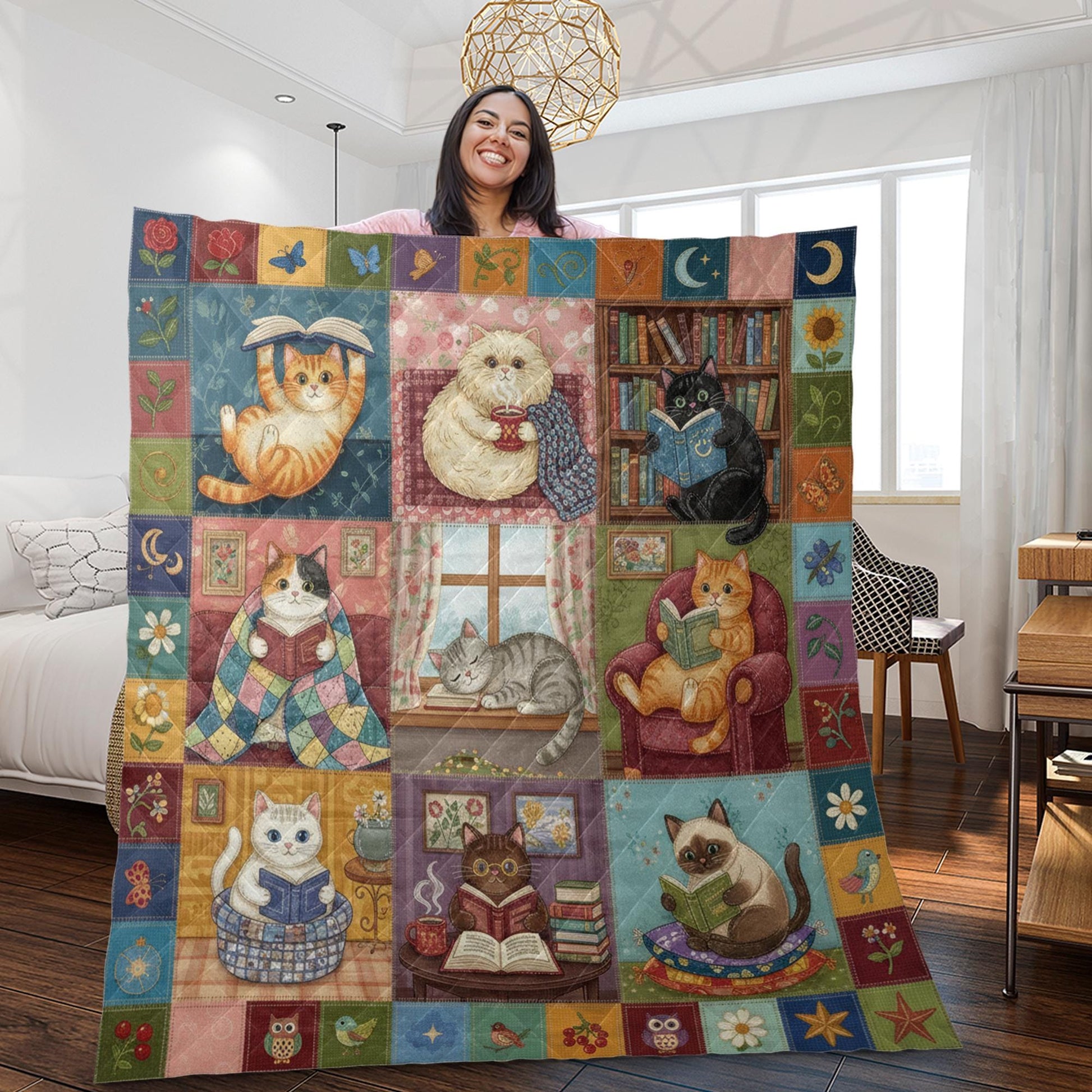 Cat Quilt Blanket: Reading Theme, Book Lover Illustrations, Patchwork Style image 2
