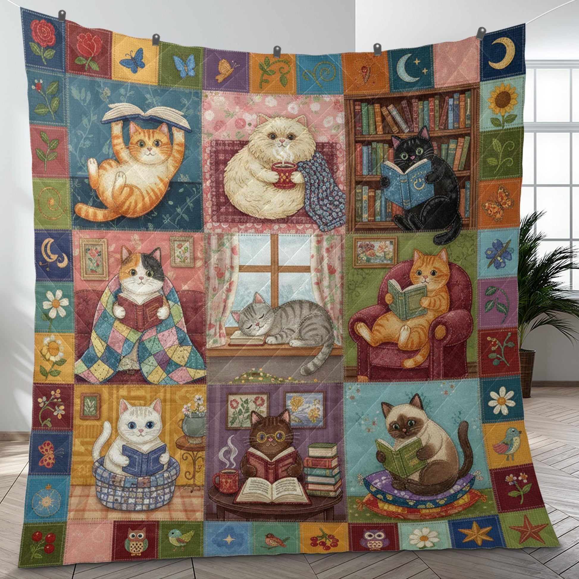 Cat Quilt Blanket: Reading Theme, Book Lover Illustrations, Patchwork Style image 7