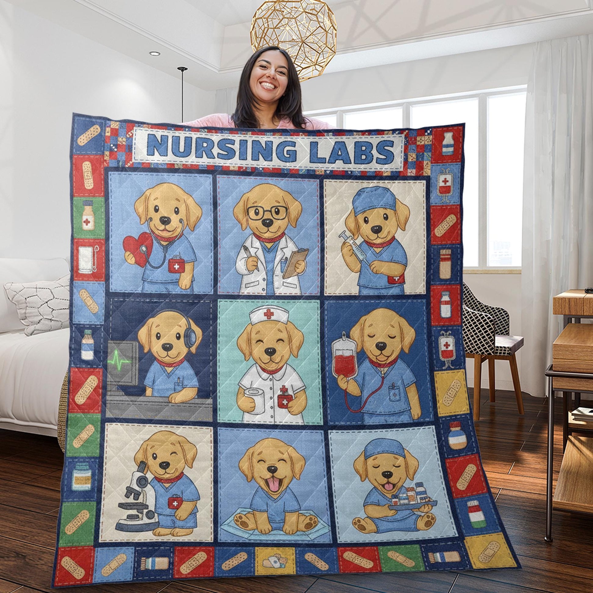 Nursing Lab Quilt Blanket: Labrador Puppy Theme, Cartoon Medical Illustrations, Patchwork Style image 1
