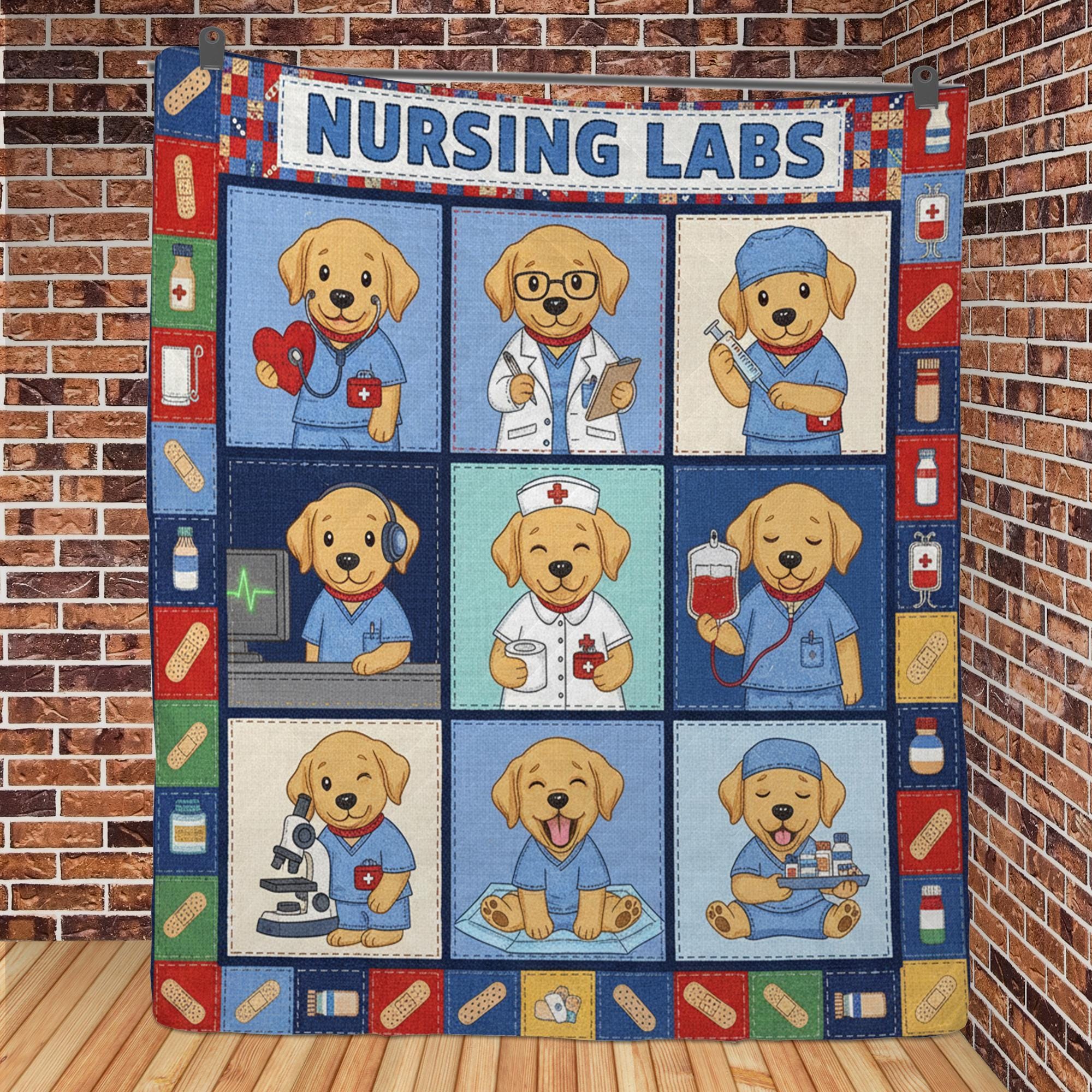Nursing Lab Quilt Blanket: Labrador Puppy Theme, Cartoon Medical Illustrations, Patchwork Style image 2