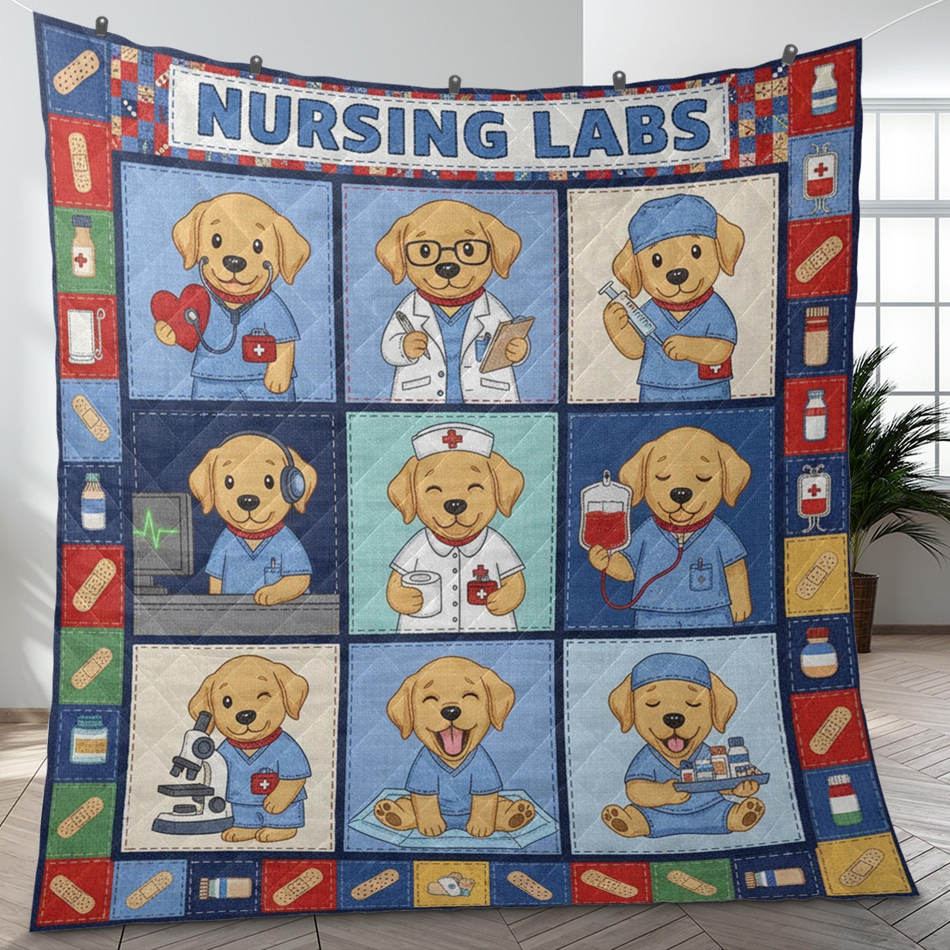 Nursing Lab Quilt Blanket: Labrador Puppy Theme, Cartoon Medical Illustrations, Patchwork Style image 7