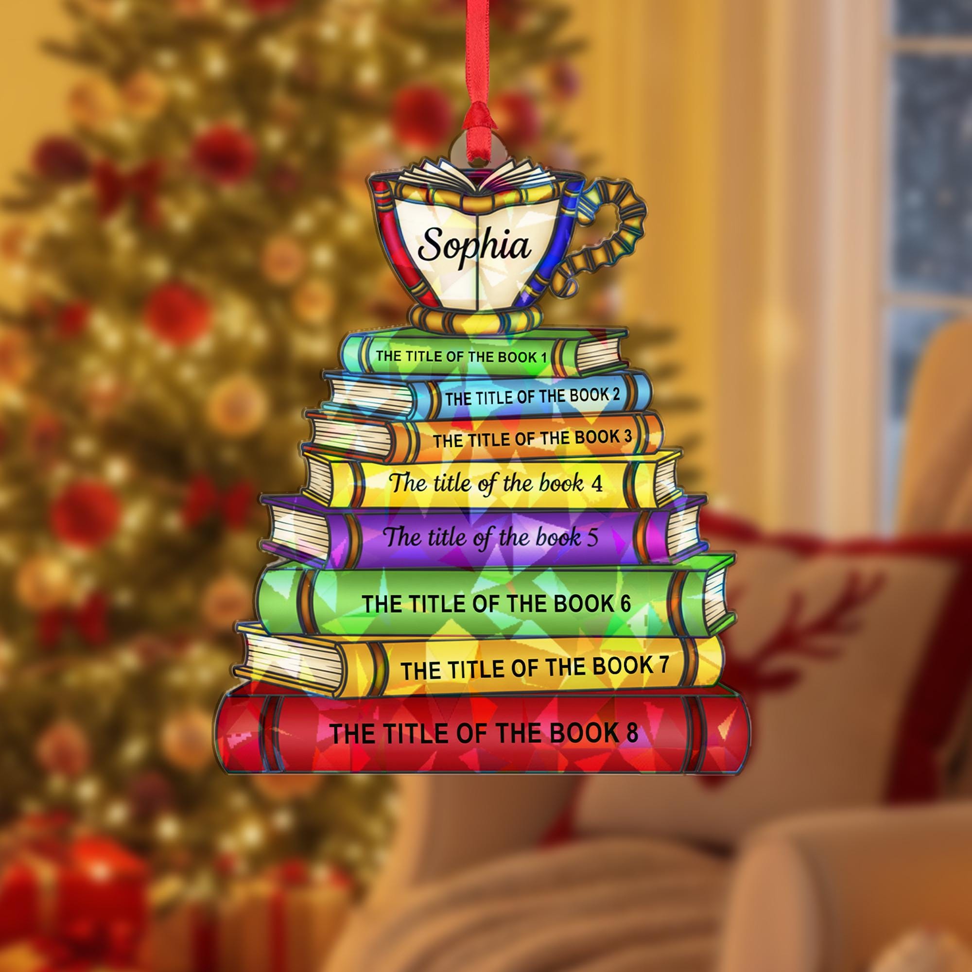 Custom Book Stack Ornament | Holographic Name Ornament image 2
