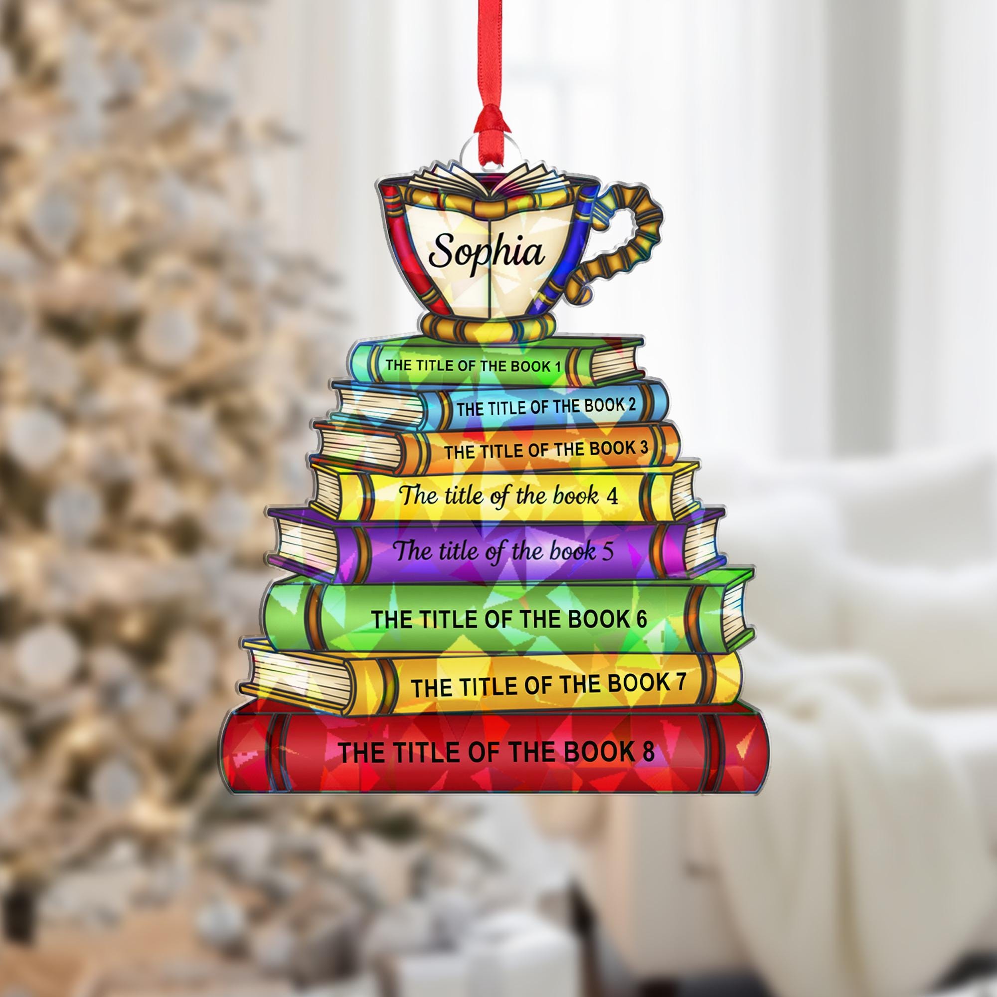 Custom Book Stack Ornament | Holographic Name Ornament image 4