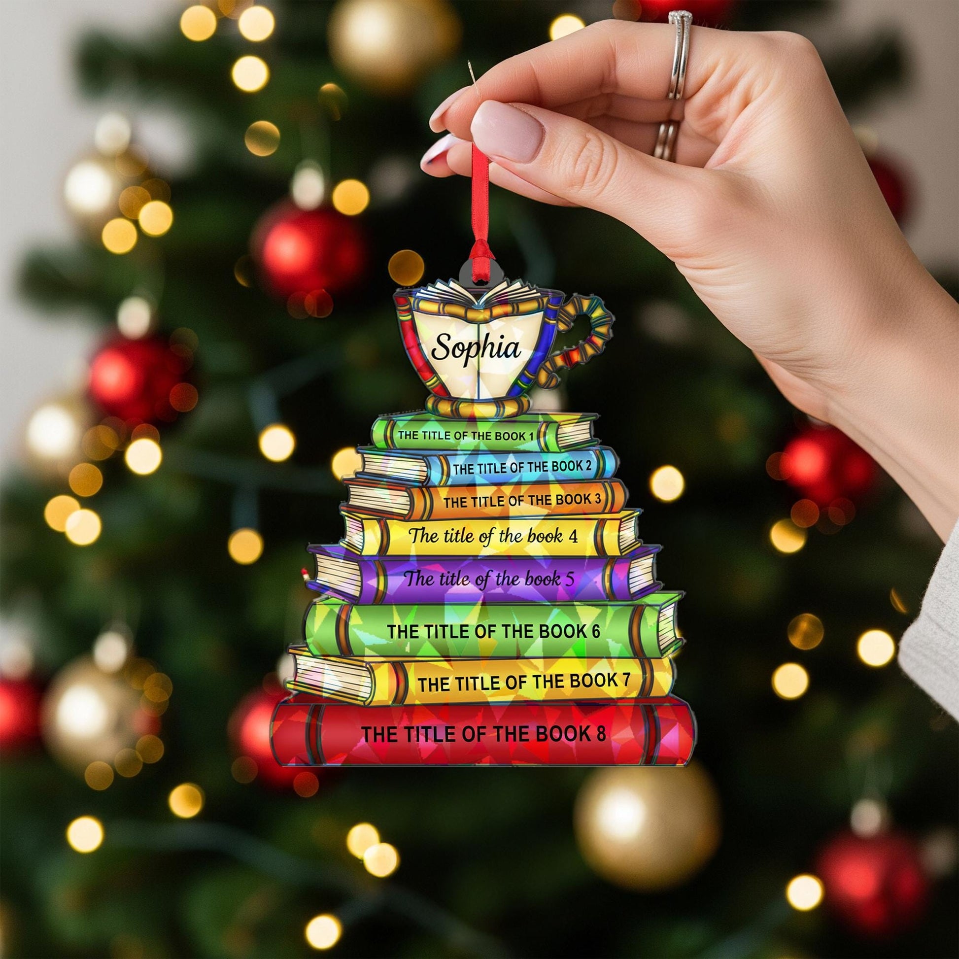 Custom Book Stack Ornament | Holographic Name Ornament image 7