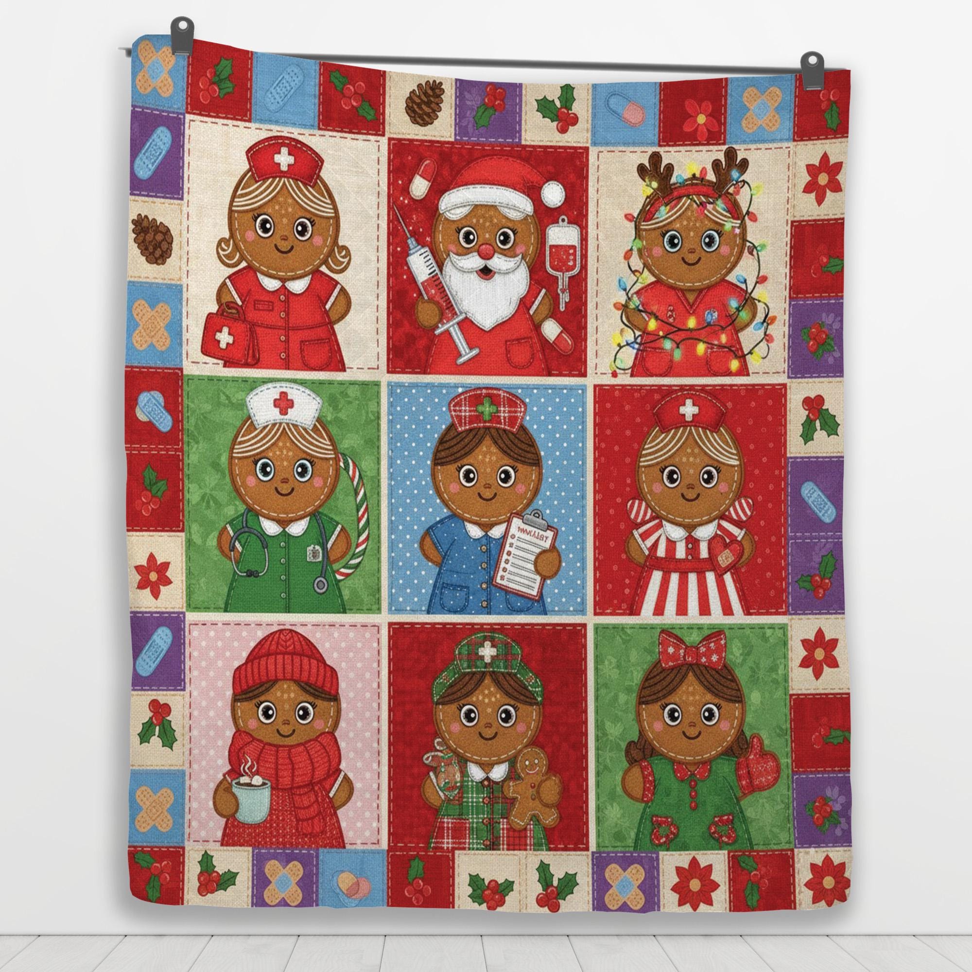 Gingerbread Nurse Quilt Blanket: Christmas Theme, Medical Patchwork Style, Holiday Bedding image 2