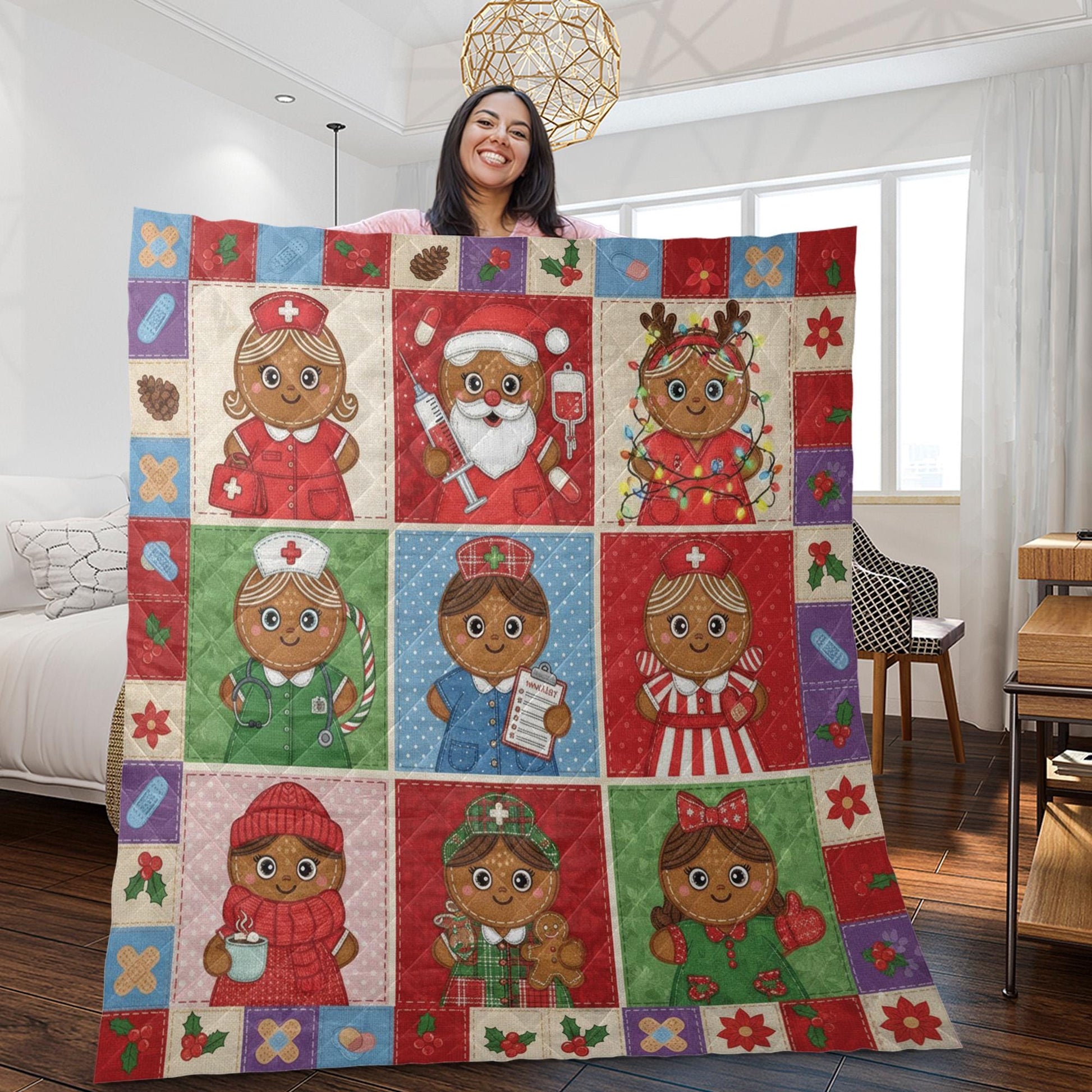 Gingerbread Nurse Quilt Blanket: Christmas Theme, Medical Patchwork Style, Holiday Bedding image 4
