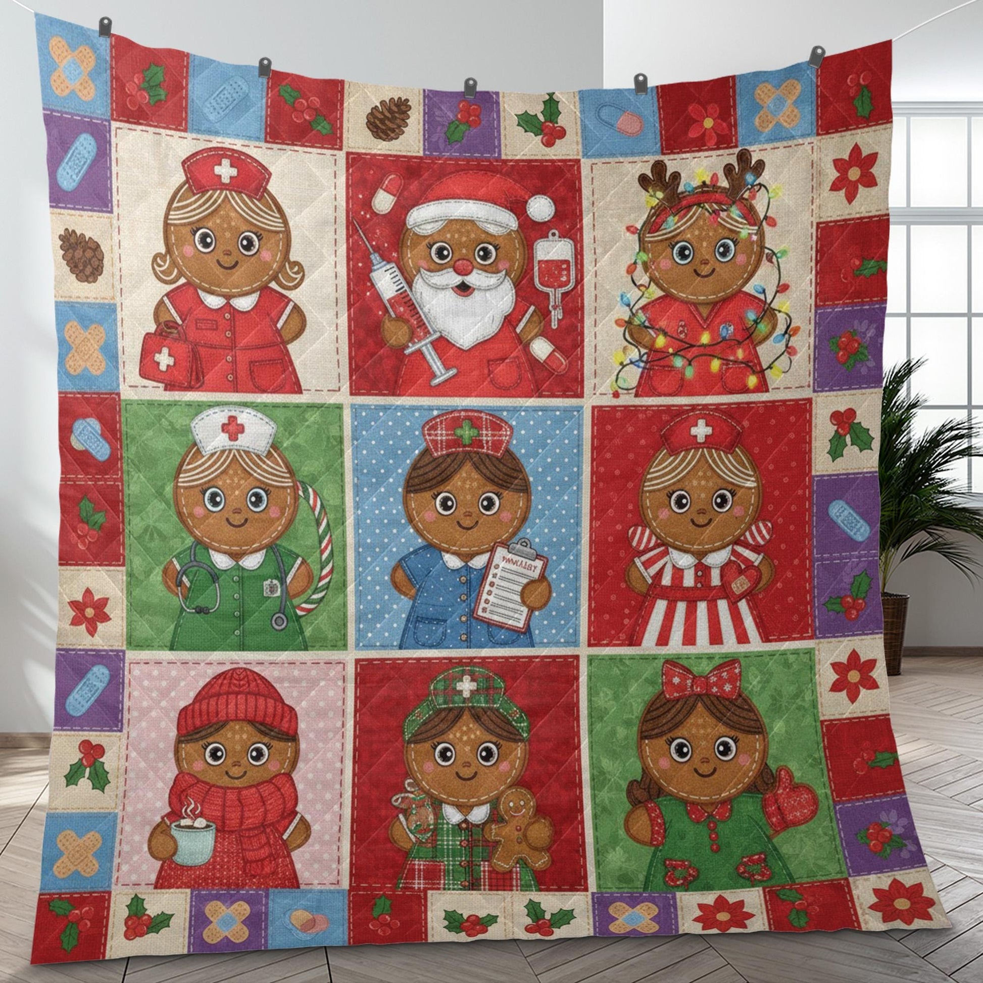 Gingerbread Nurse Quilt Blanket: Christmas Theme, Medical Patchwork Style, Holiday Bedding image 8