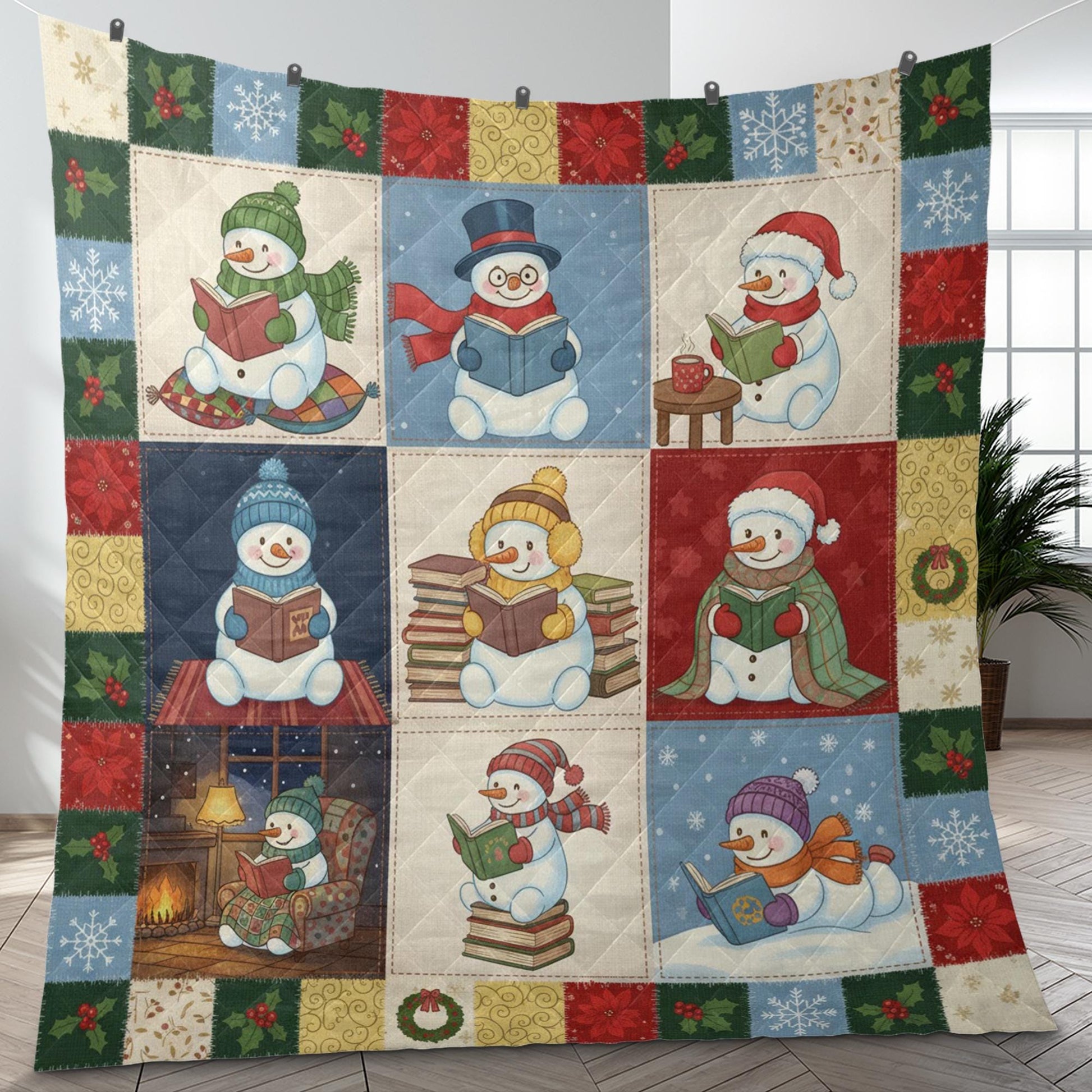 Snowman Quilt Blanket: Reading Theme, Winter Illustrations, Christmas Patchwork Style image 1