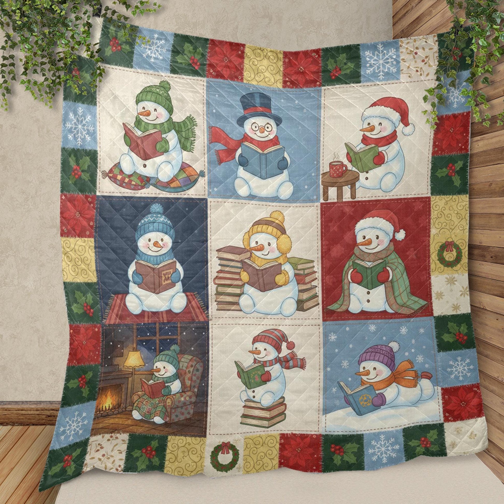 Snowman Quilt Blanket: Reading Theme, Winter Illustrations, Christmas Patchwork Style image 6