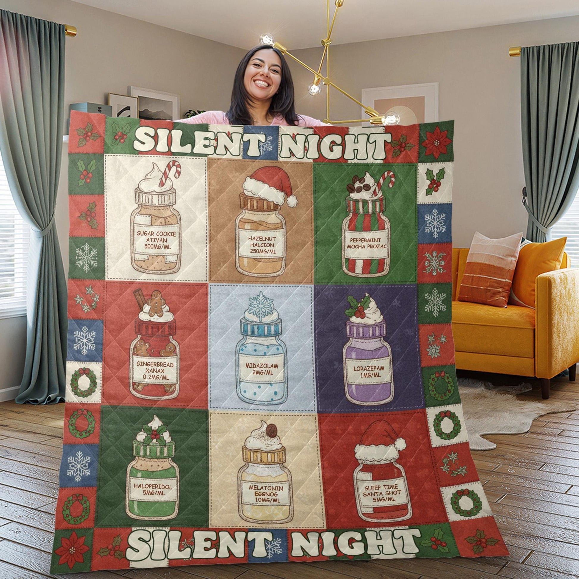 Medical Humor Quilt Blanket: "Silent Night" Slogan, Christmas Pharmacy Jars, Patchwork Style image 1