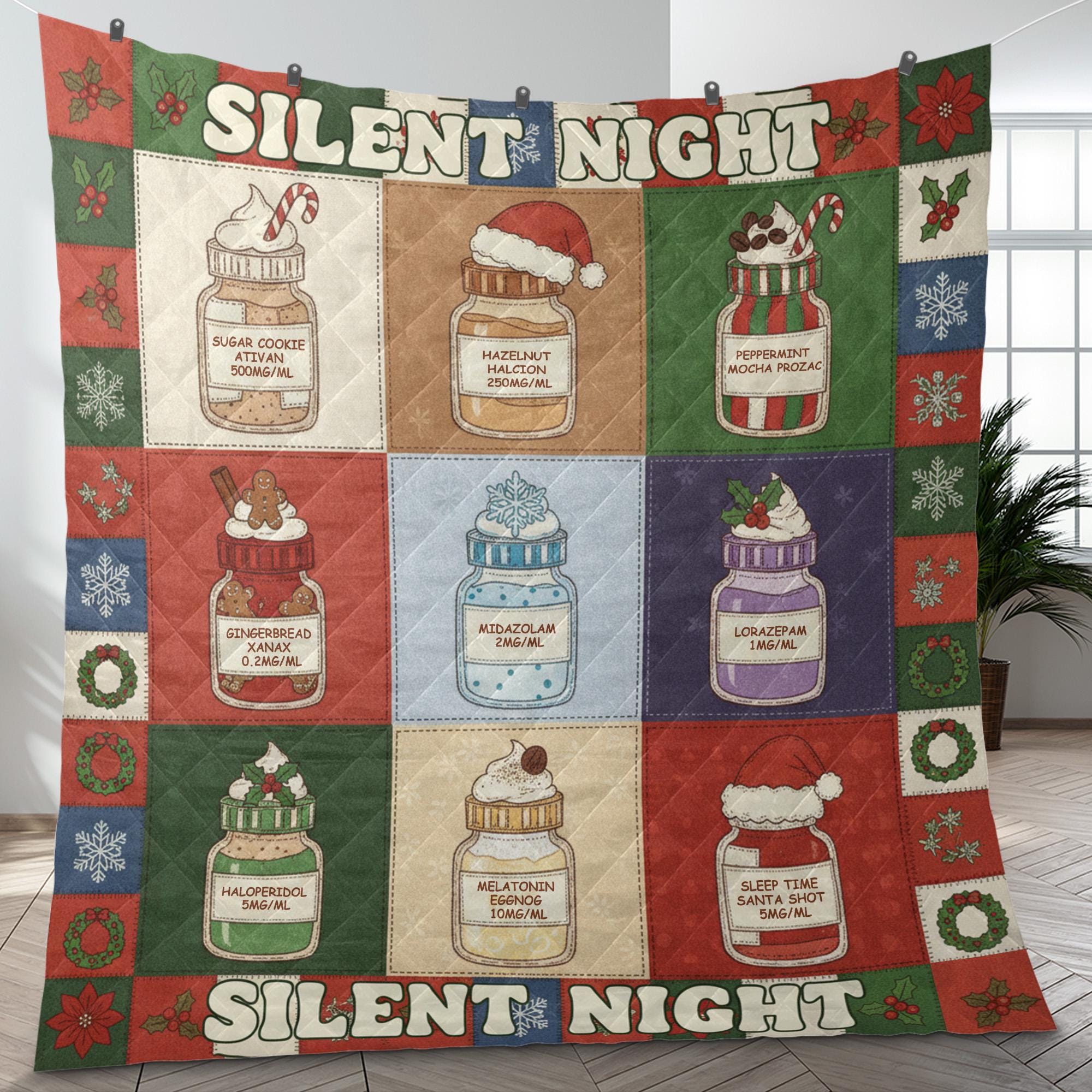 Medical Humor Quilt Blanket: "Silent Night" Slogan, Christmas Pharmacy Jars, Patchwork Style image 7