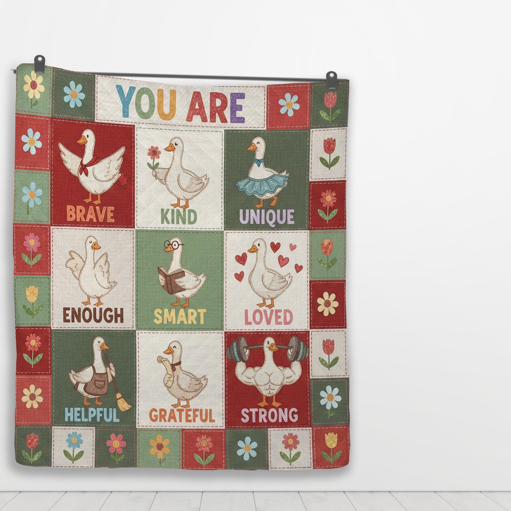 Goose Quilt Blanket: Inspirational "You Are" Affirmations, Cartoon Patchwork Style, Brave Kind Loved image 3