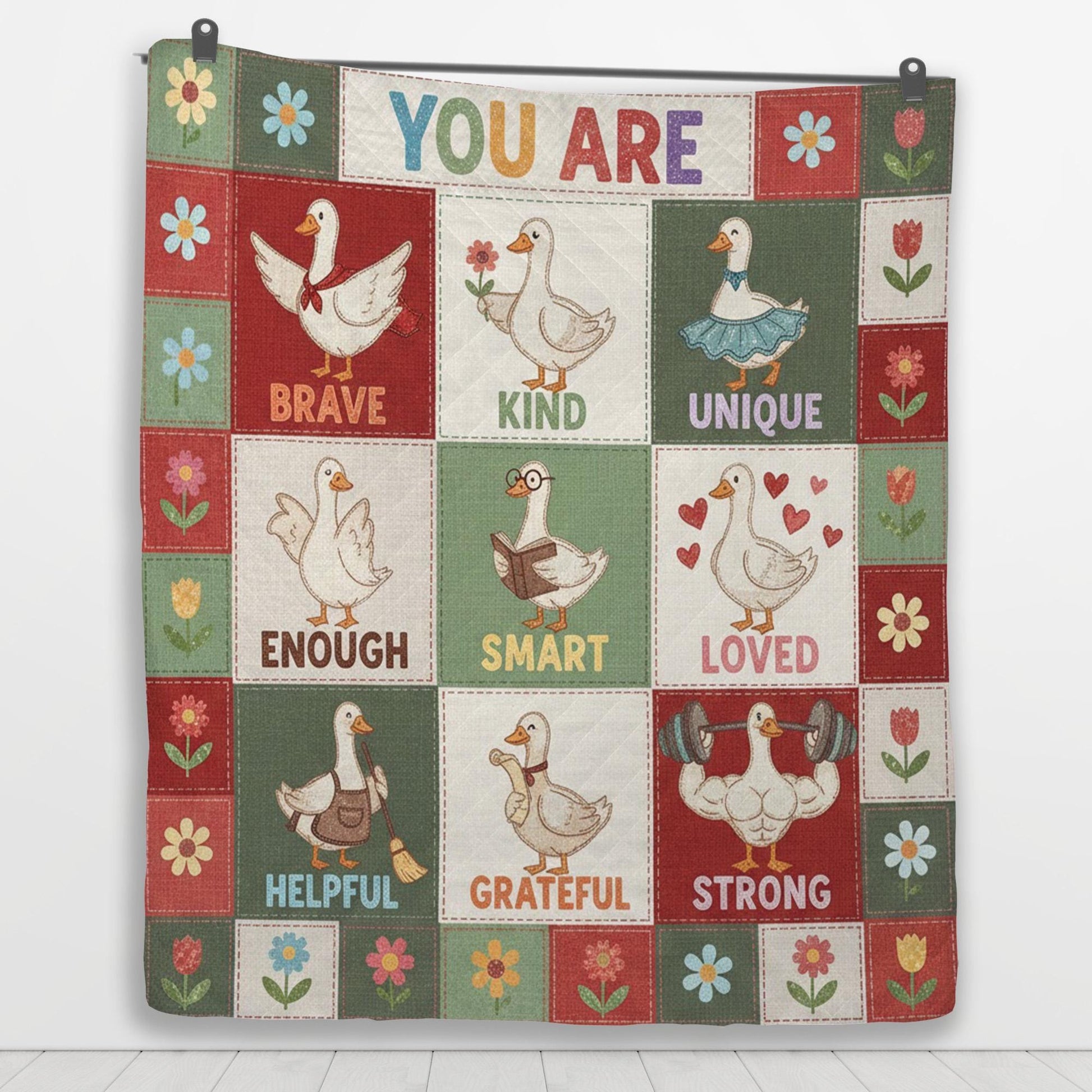 Goose Quilt Blanket: Inspirational "You Are" Affirmations, Cartoon Patchwork Style, Brave Kind Loved image 6