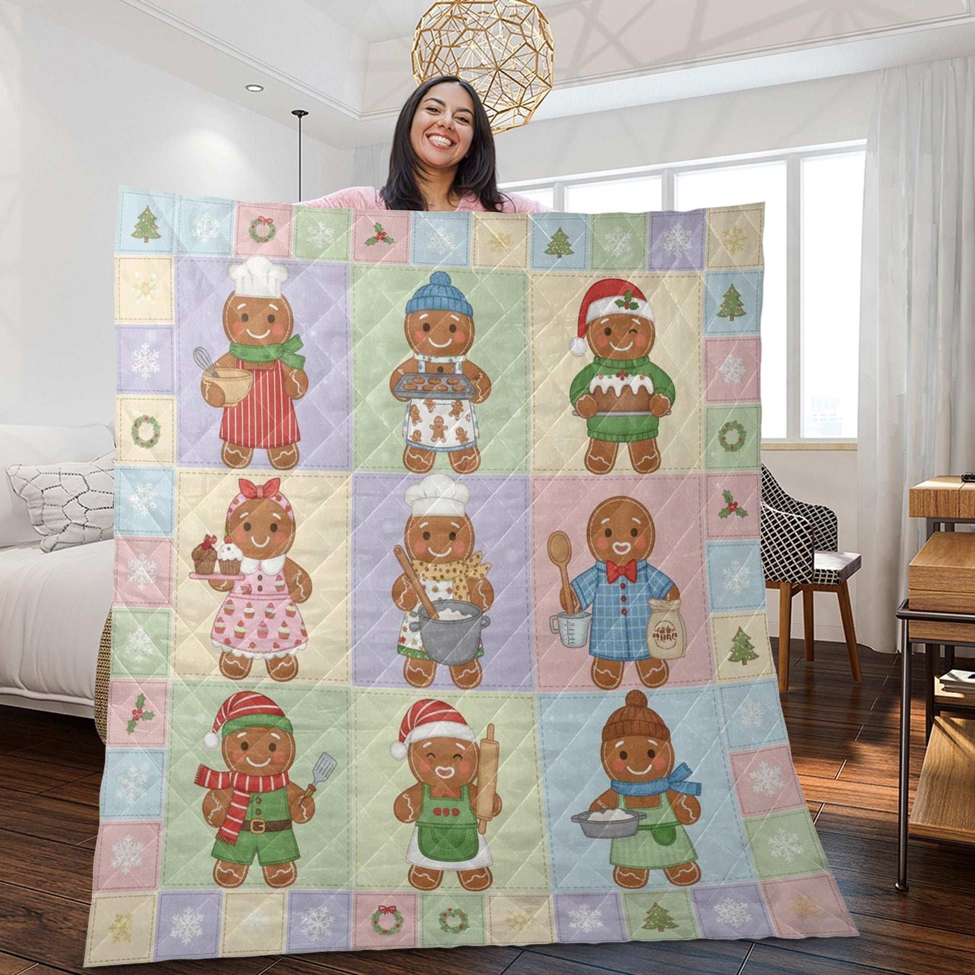 Gingerbread Quilt Blanket: Baker Theme, Christmas Patchwork Style, Pastel Holiday Decor image 2