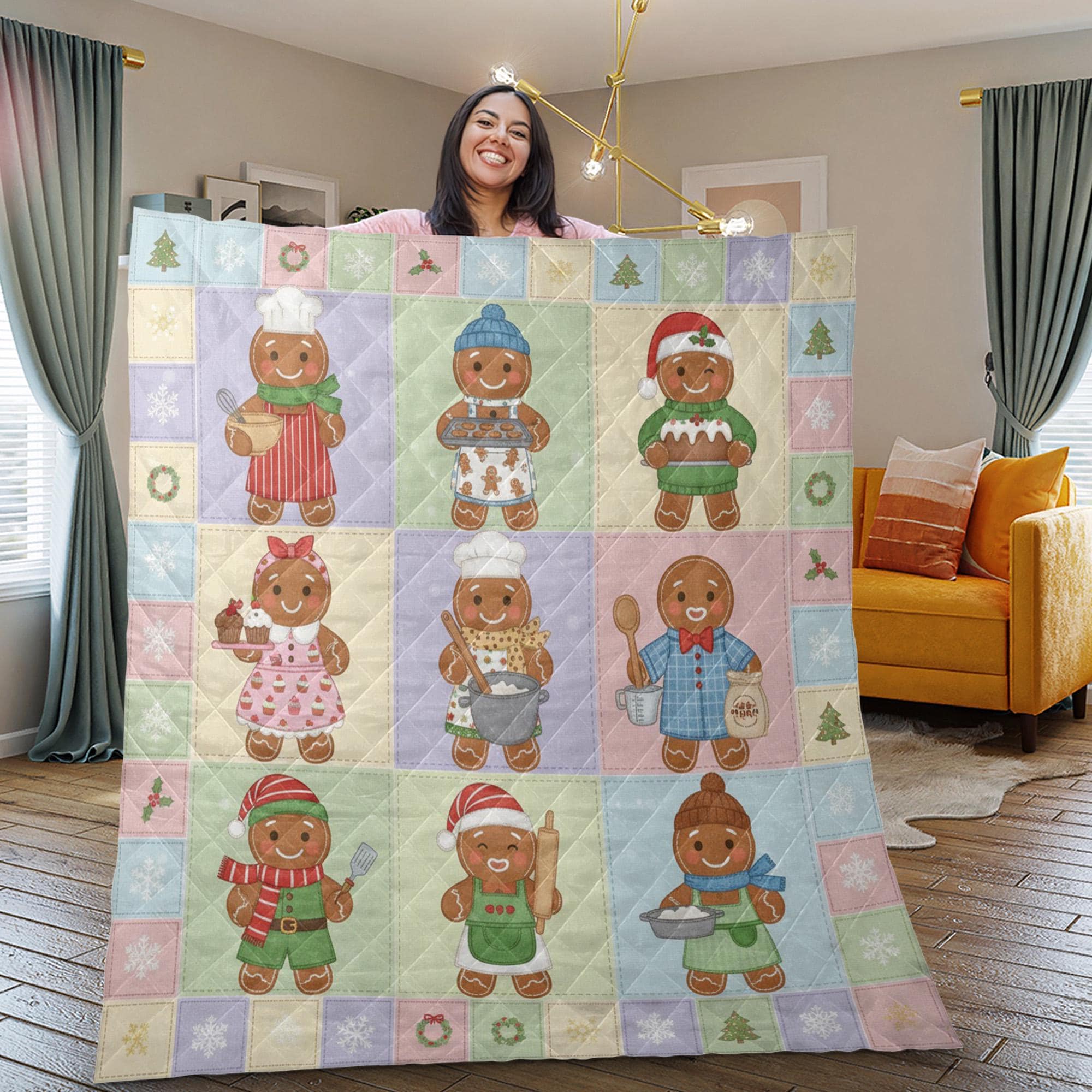 Gingerbread Quilt Blanket: Baker Theme, Christmas Patchwork Style, Pastel Holiday Decor image 1