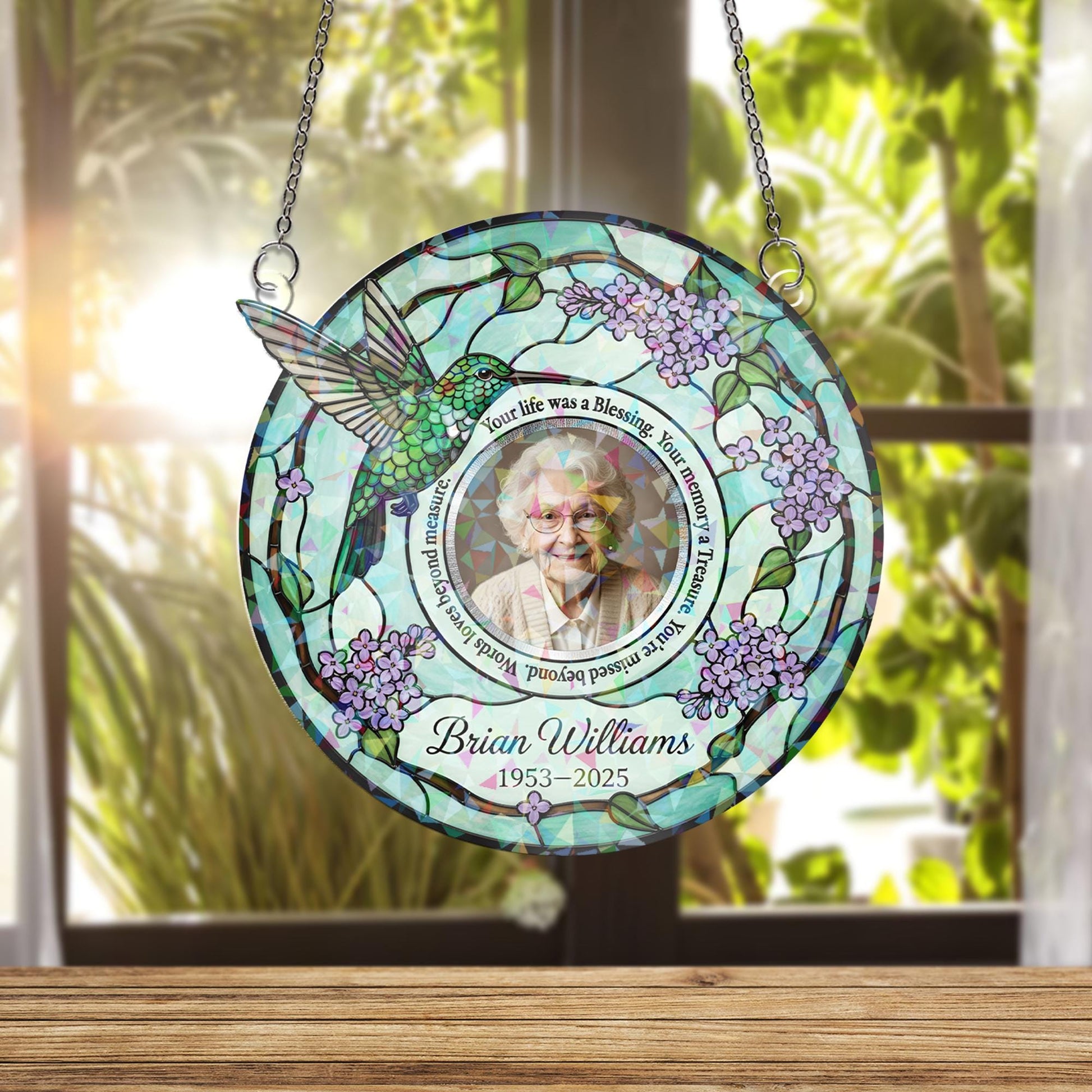 Memorial Acrylic Suncatcher: Hologram Hummingbird Lilac Design, Custom Photo & Name image 1