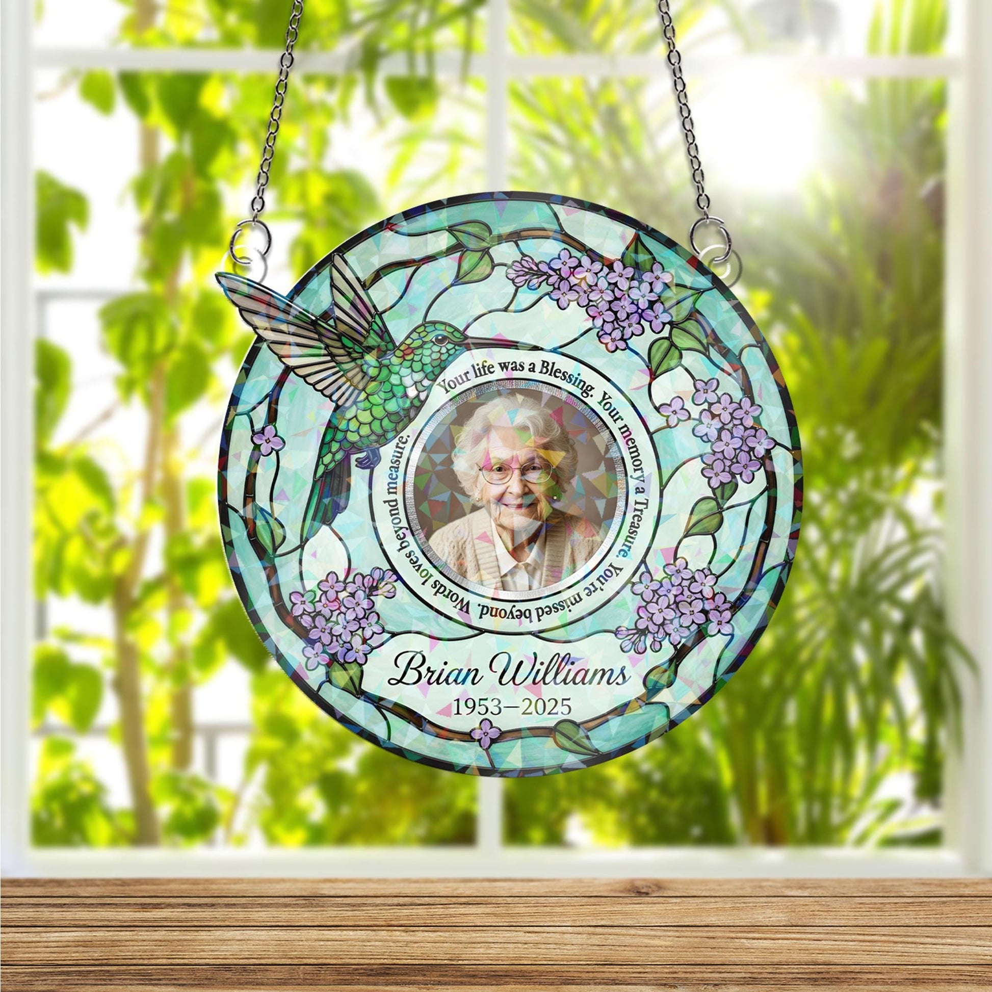 Memorial Acrylic Suncatcher: Hologram Hummingbird Lilac Design, Custom Photo & Name image 2