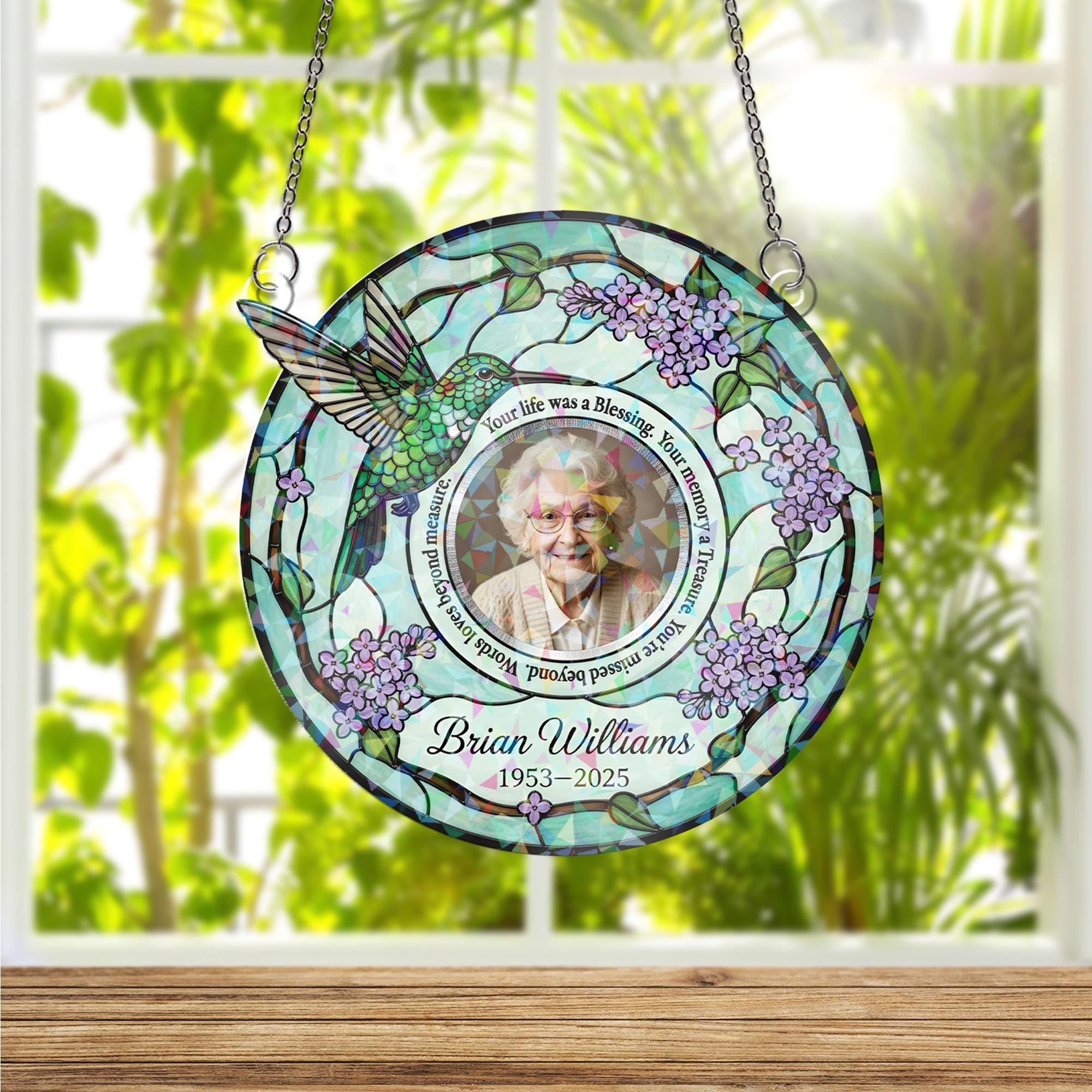 Memorial Acrylic Suncatcher: Hologram Hummingbird Lilac Design, Custom Photo & Name image 2
