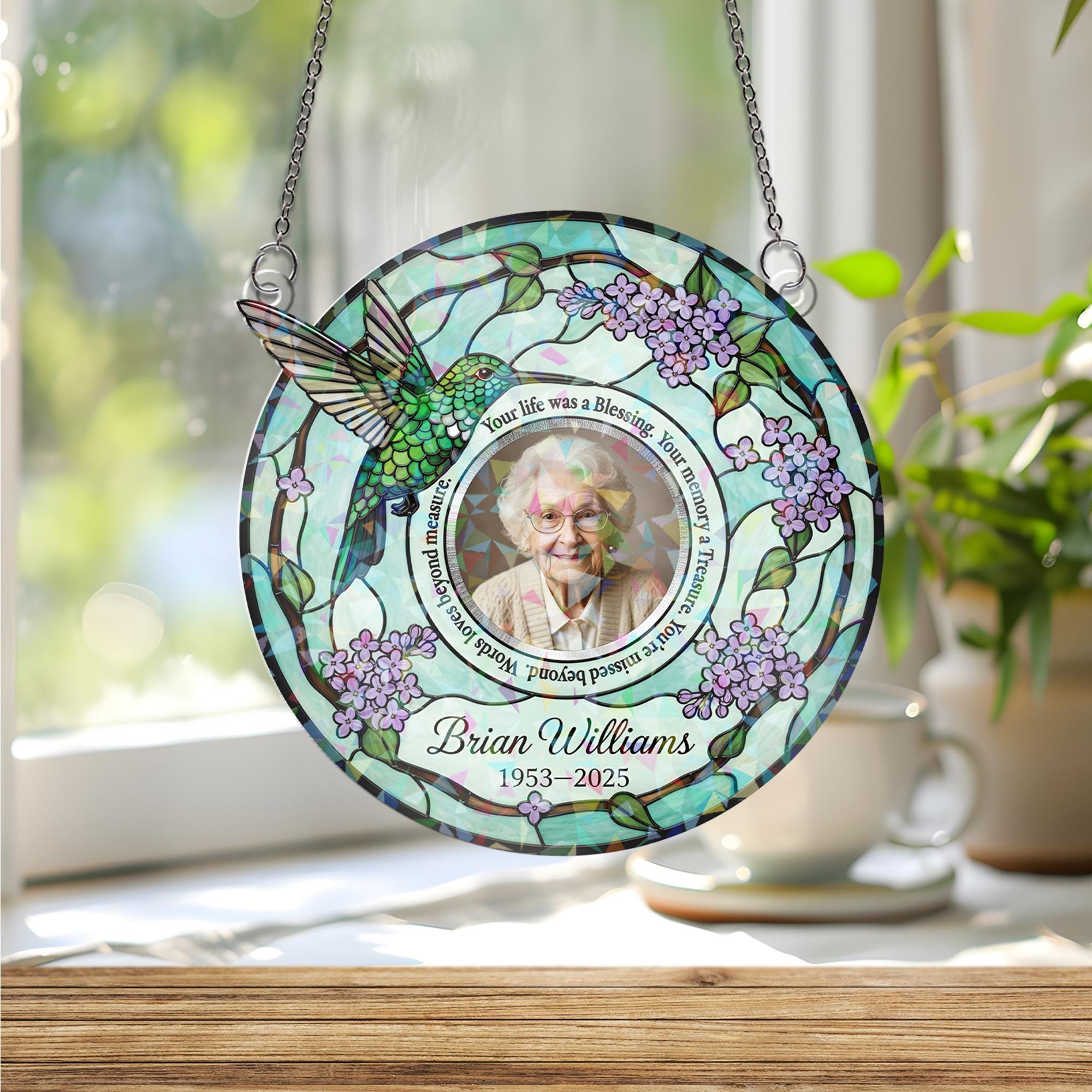 Memorial Acrylic Suncatcher: Hologram Hummingbird Lilac Design, Custom Photo & Name image 3