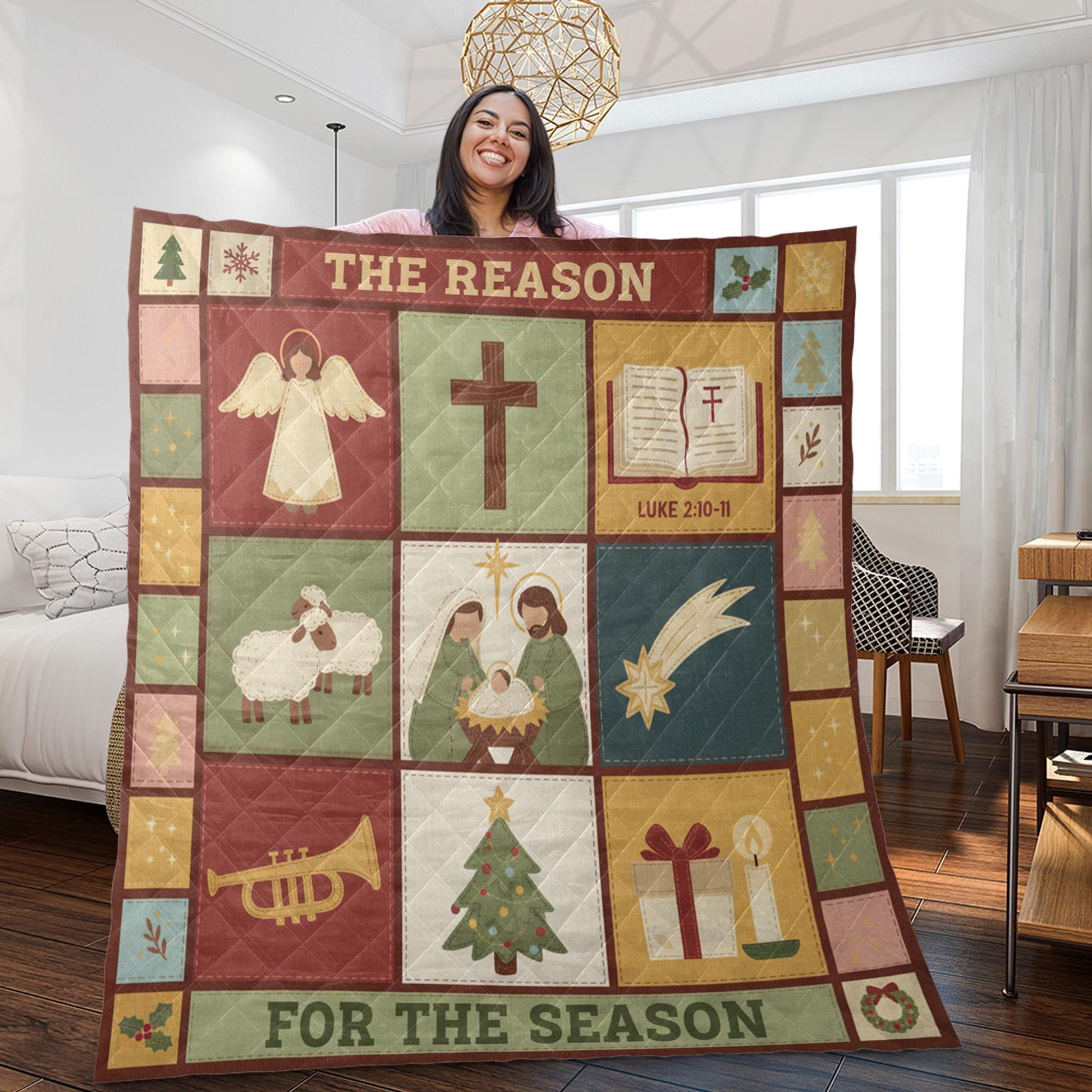 Nativity Quilt Blanket: "Reason for the Season" Slogan, Religious Christmas, Patchwork Style image 1