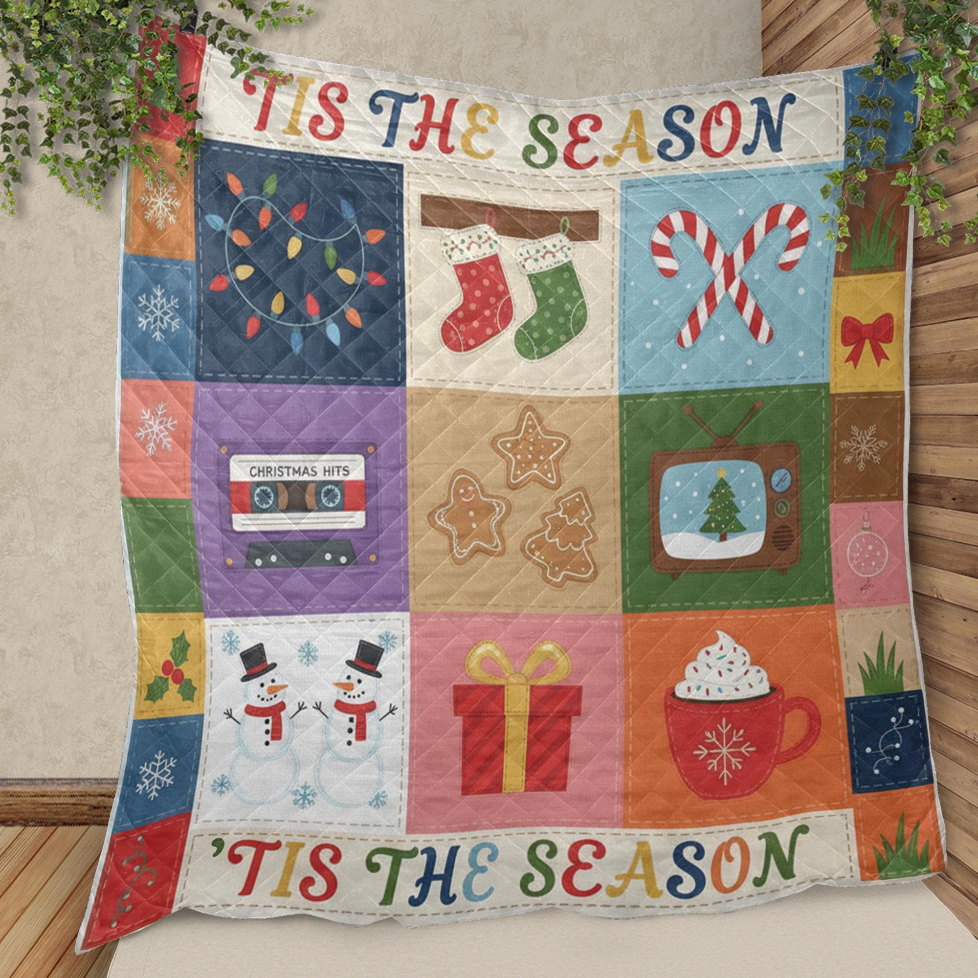 Christmas Quilt Blanket: "'Tis the Season" Slogan, Retro Holiday Illustrations, Patchwork Style image 2
